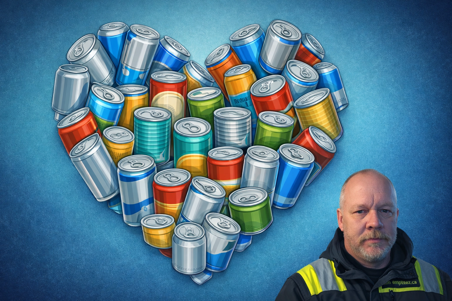 2D heart-shaped graphic made out of aluminum cans and food cans (with a Tim “Can Man” Kemsley cameo)