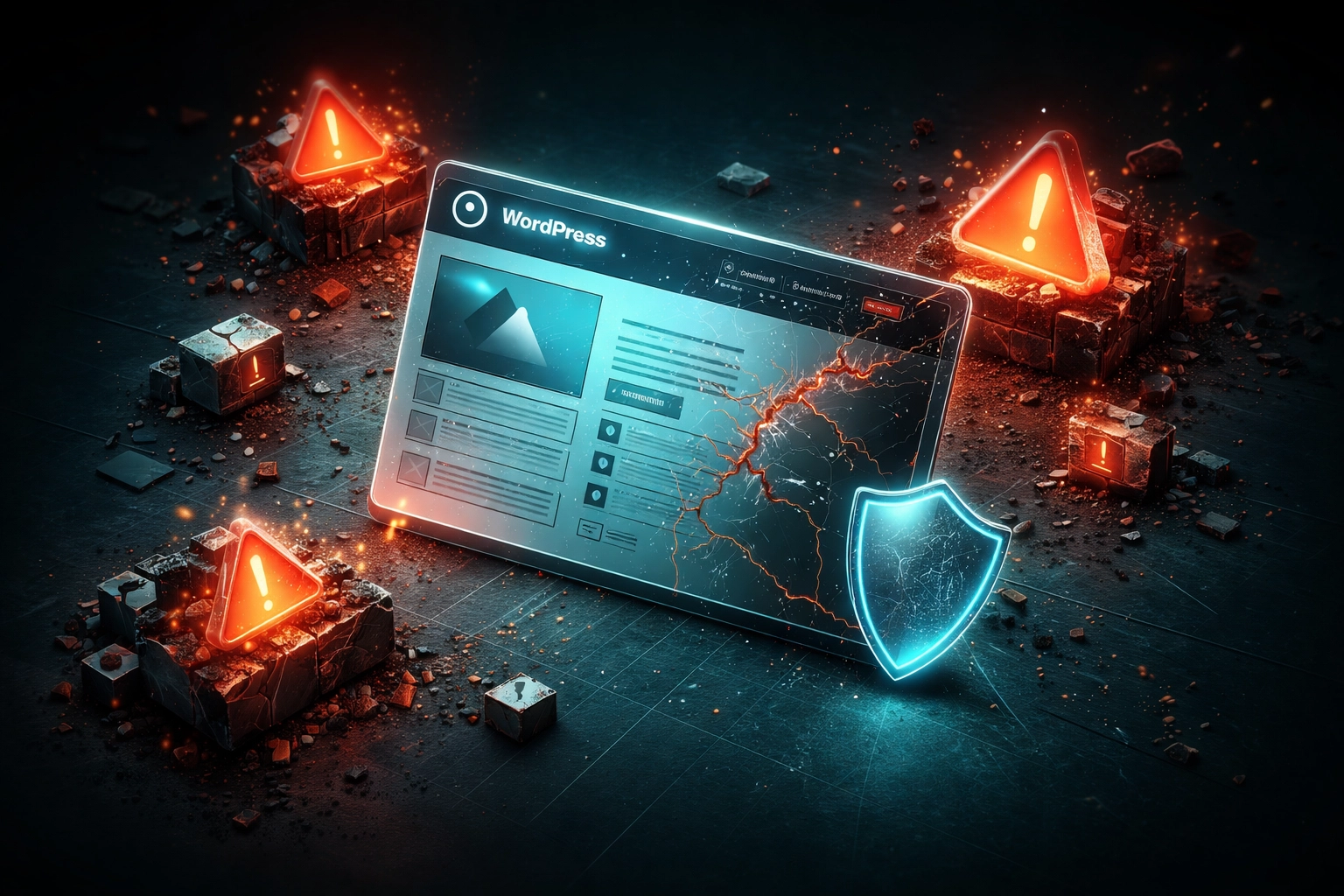 Illustration of a vulnerable WordPress website facing security threats due to lack of maintenance updates and protection.