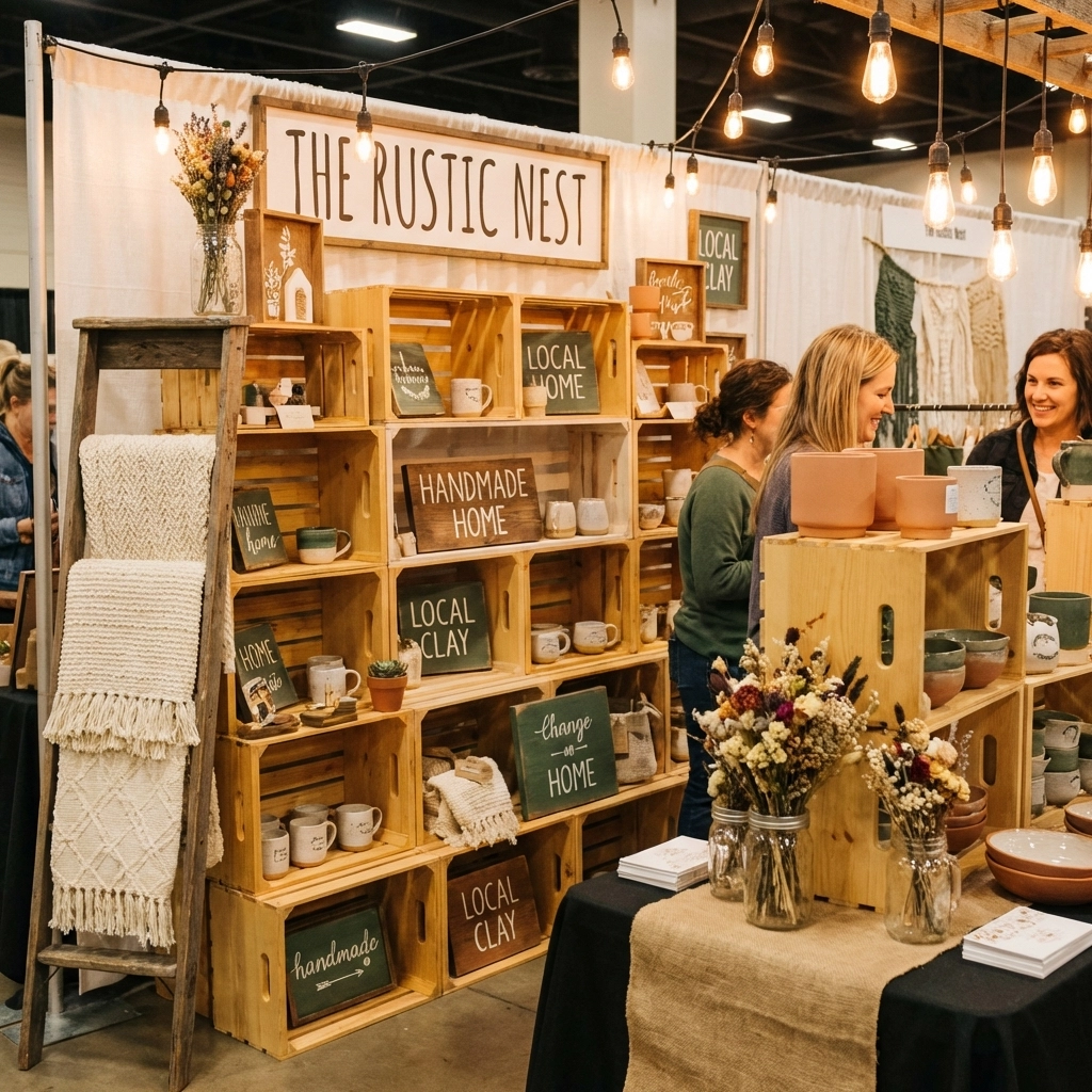 Curated craft show booth with handmade home decor on wooden crates, featuring ceramics, textiles, and cozy lighting