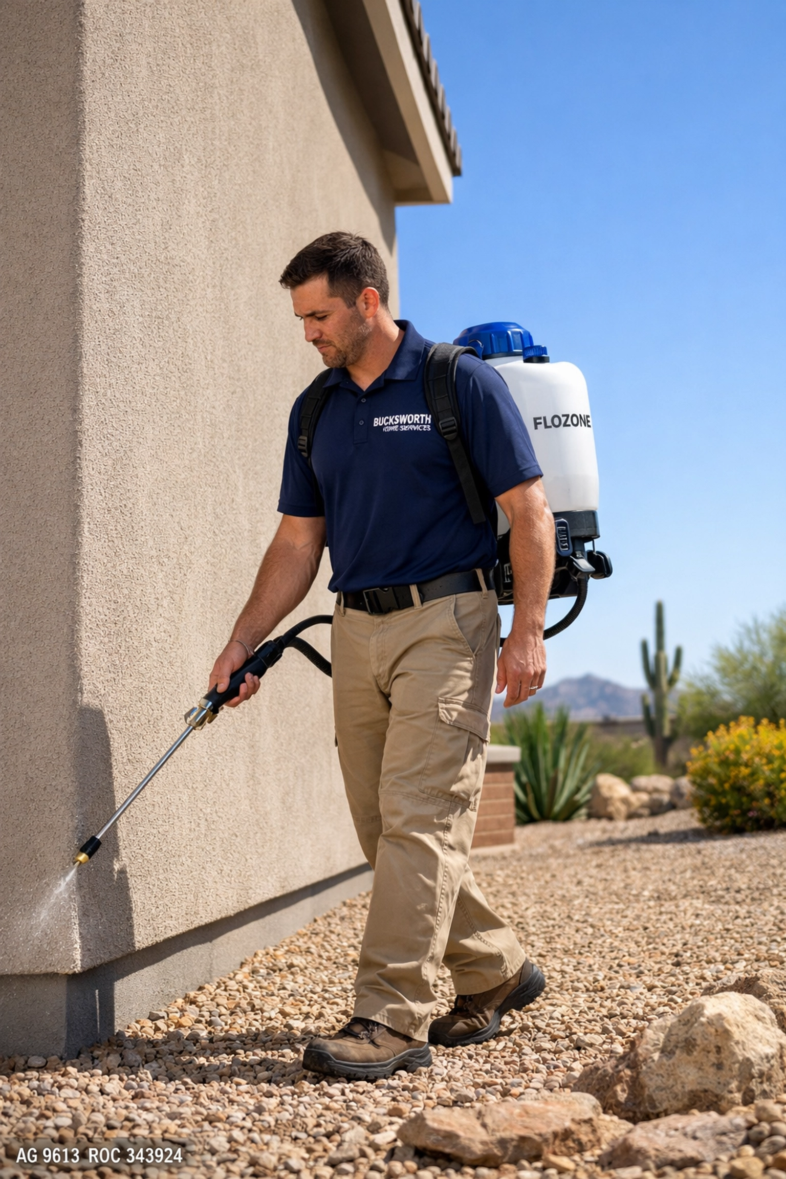 Bucksworth technician applying a liquid perimeter treatment to a Tempe home foundation with a Flozone backpack.