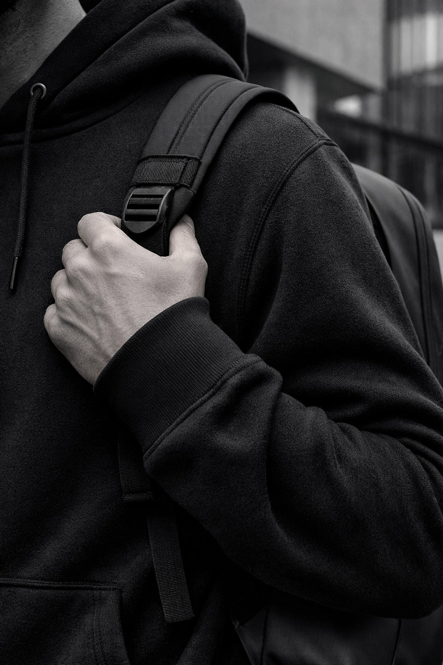 Professional artist branding featuring a premium black hoodie and minimalist backpack for a dynamic look.