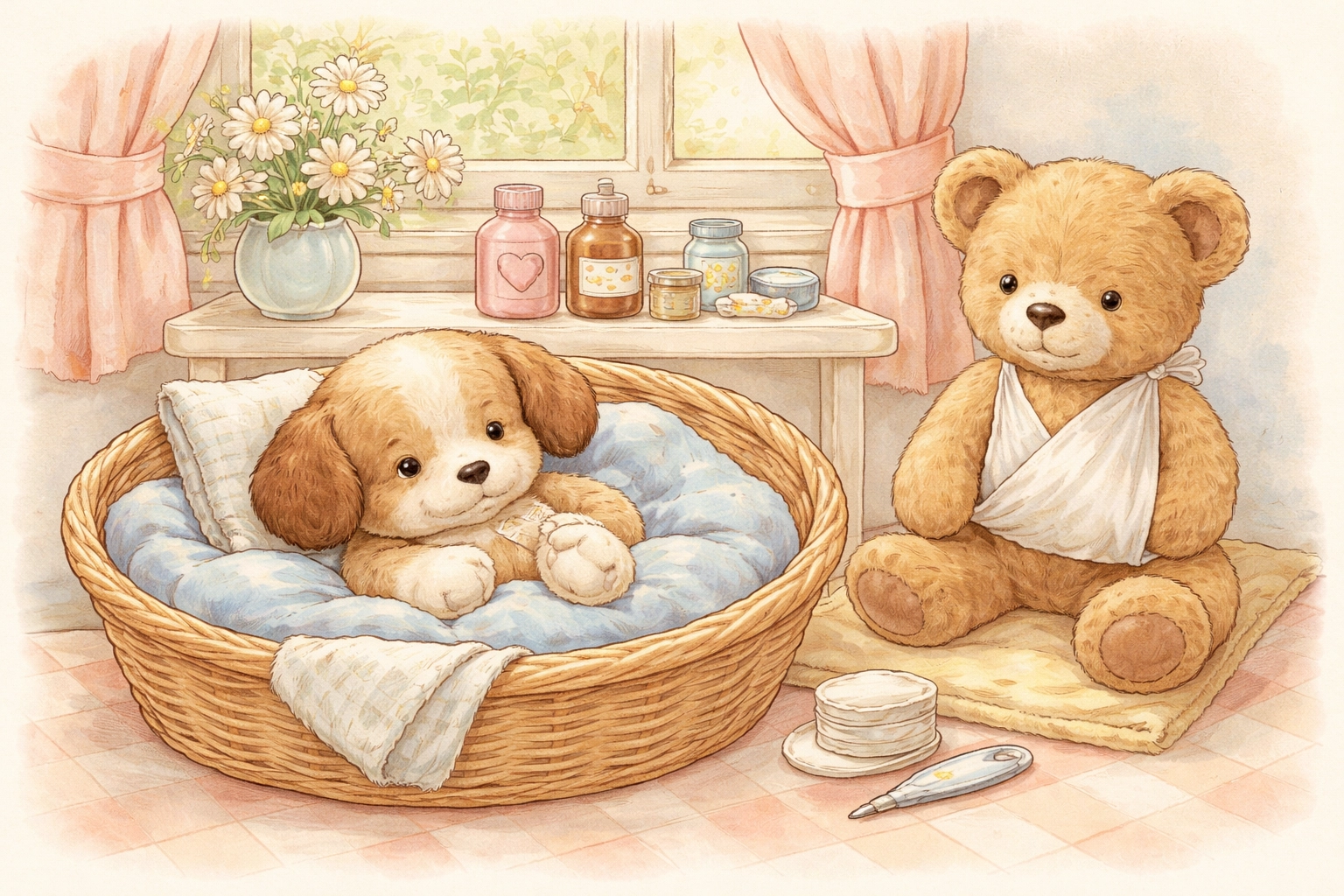 Stuffed puppy and teddy bear resting in a recovery area, showing gentle care at a pretend animal clinic
