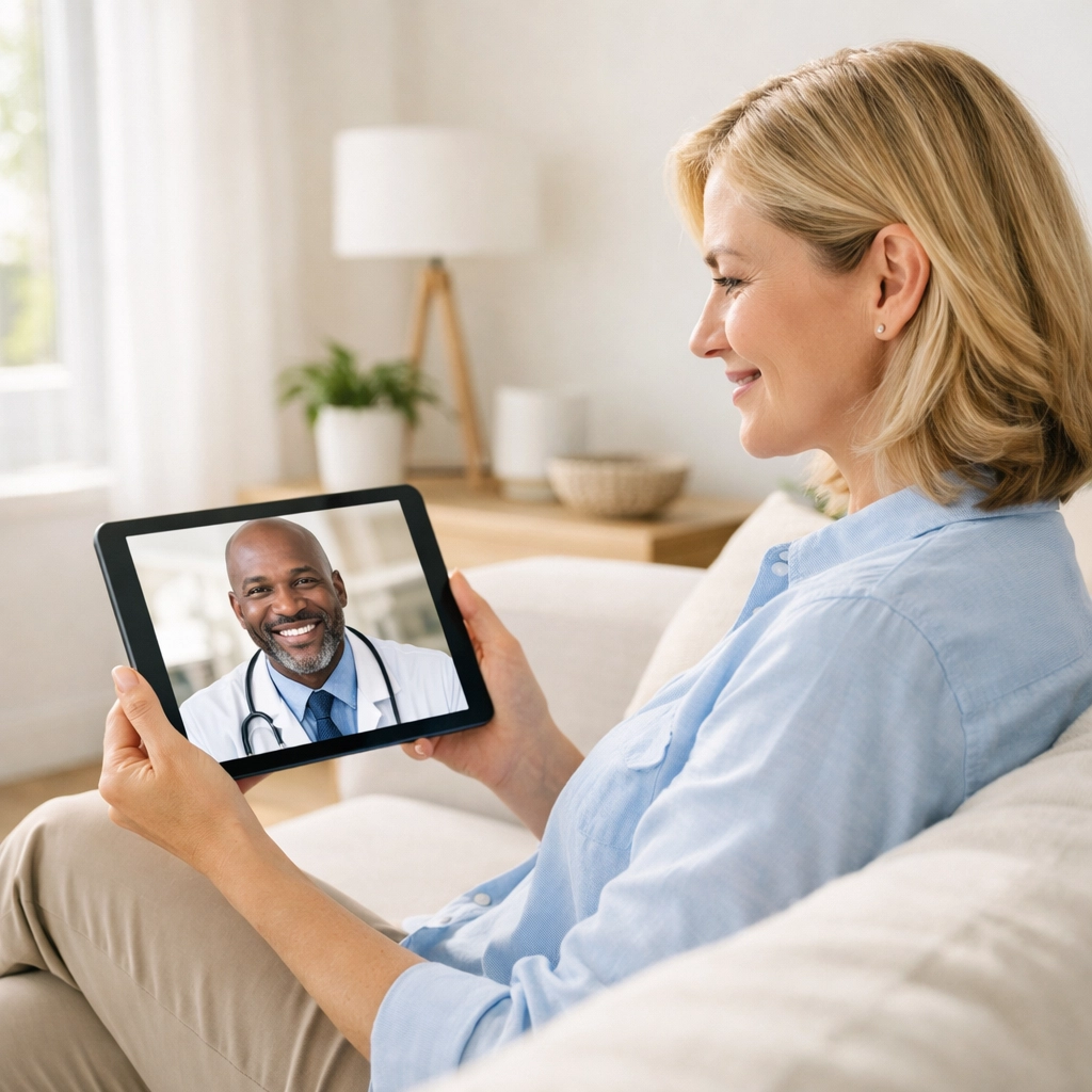 Patient having a telehealth consultation with a medical weight loss doctor about Wegovy substitute options.