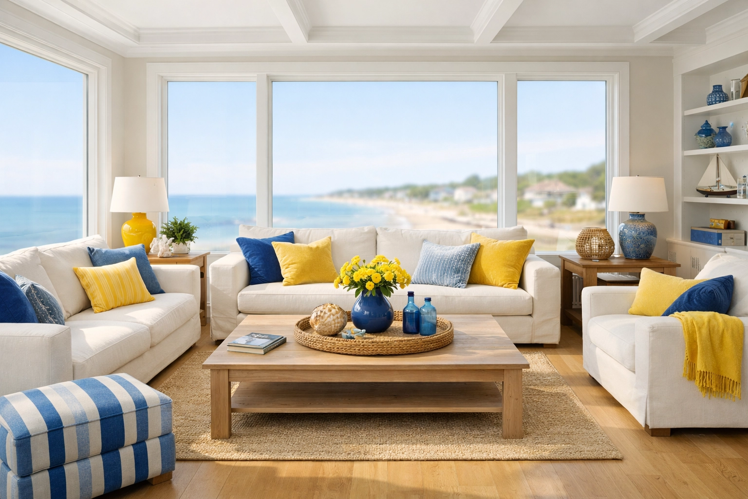 Pristine coastal living room in Salisbury, MA, with clean windows and dust-free surfaces.