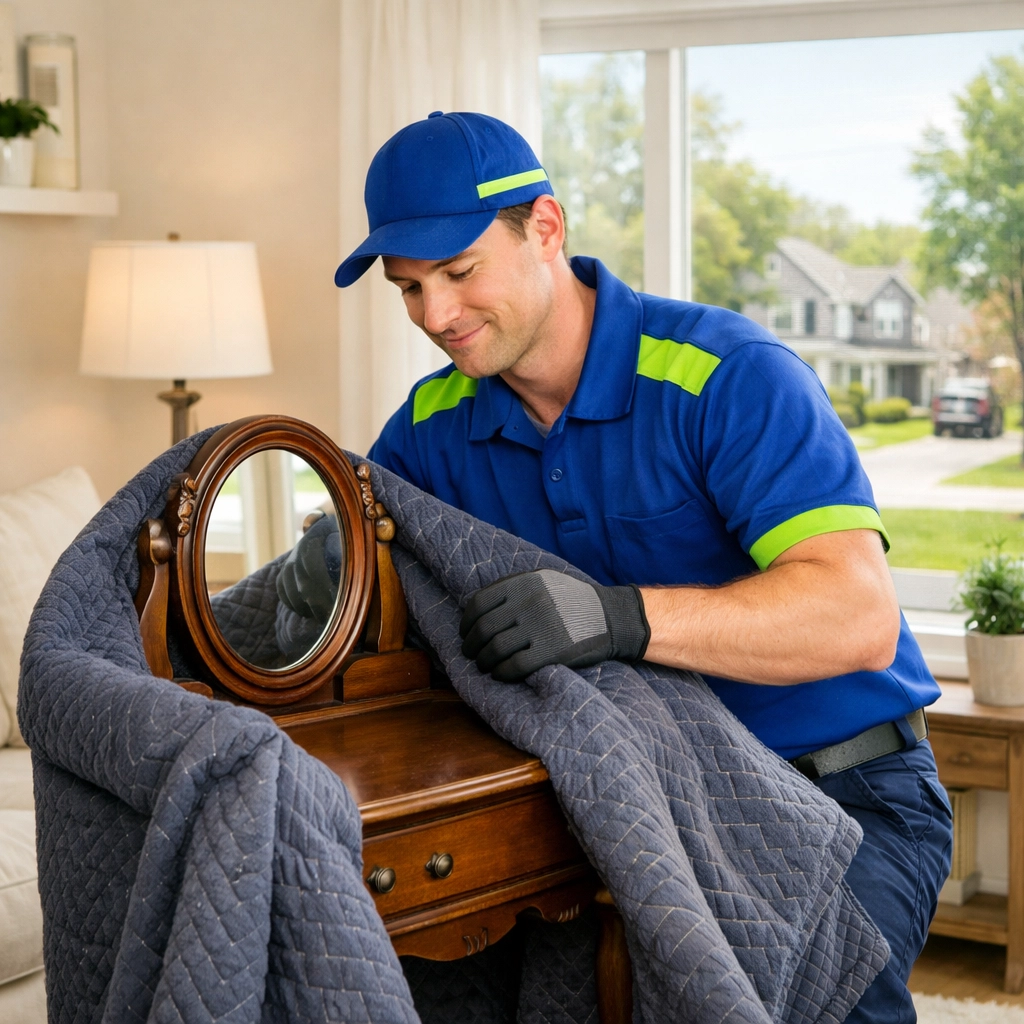 Junk GTA team member wrapping vintage furniture for donation during a Simcoe County estate cleanout.