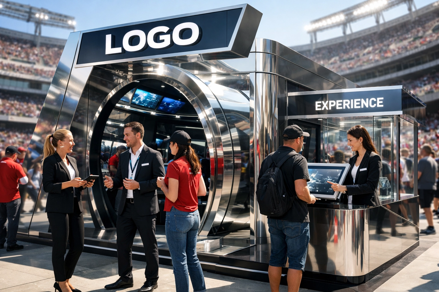 Interactive brand activation at a sports stadium plaza showing high-stakes ROI and event marketing.