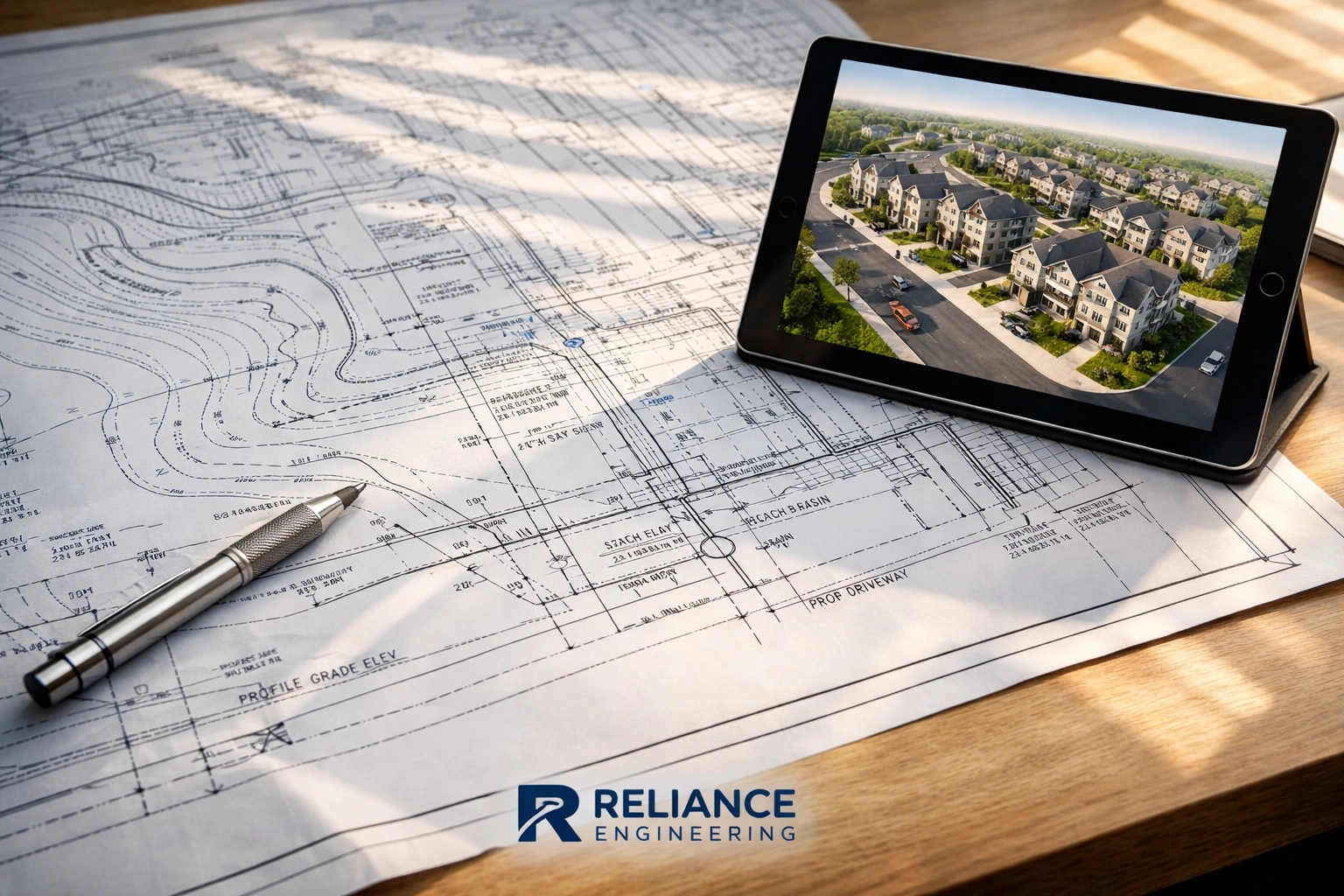 Civil engineer workspace with professional site grading plans and housing development blueprints for Ontario investors.
