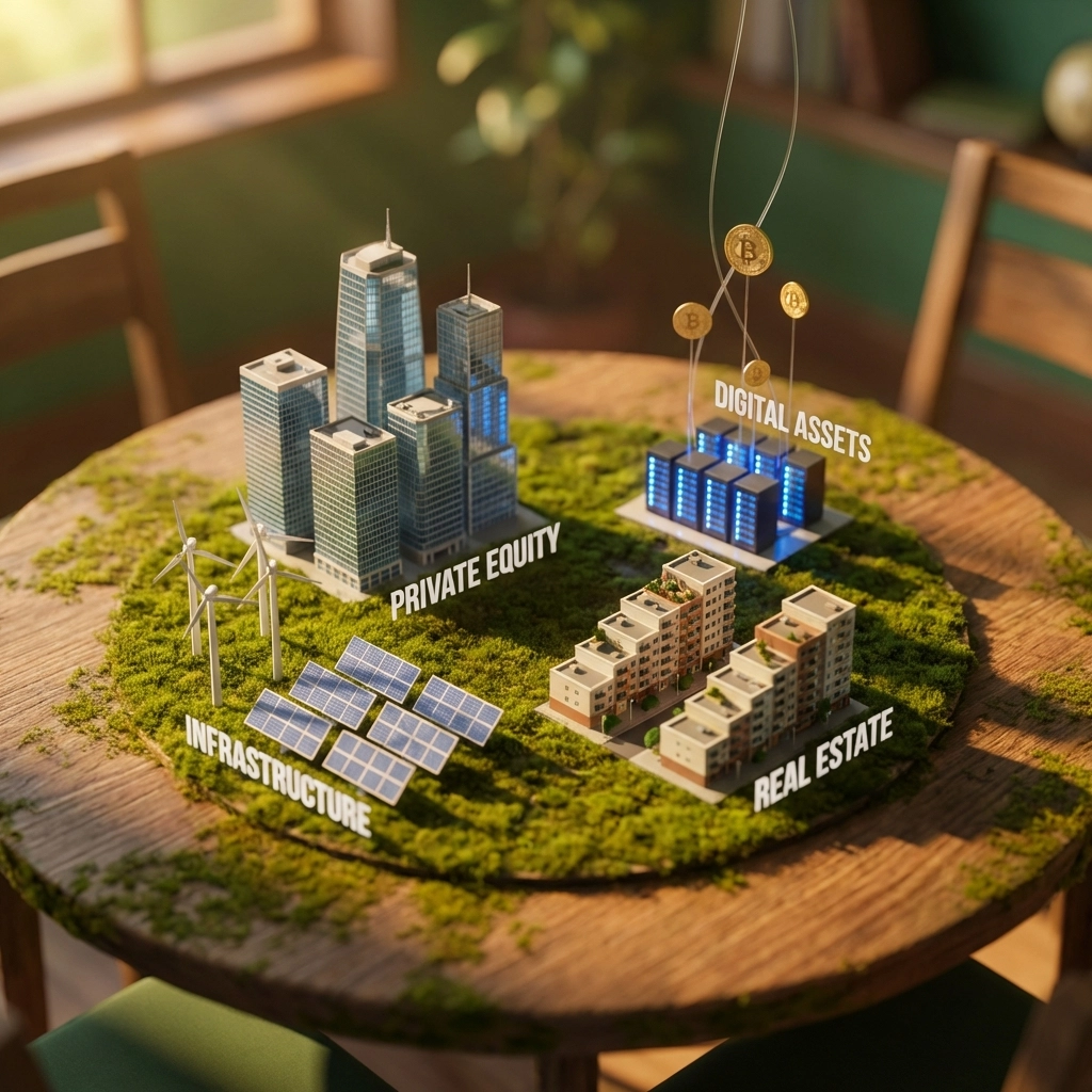 A miniature investment world with real estate, infrastructure, private equity, and digital assets illustrates alternative asset allocation.