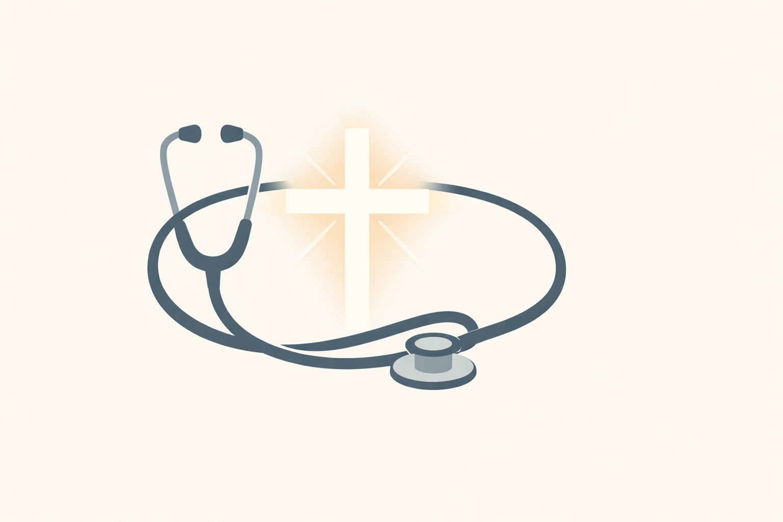 Minimalist vector illustration: stethoscope and abstract cross-shaped light beam, harmony of faith and medicine. Layne McDonald www.laynemcdonald.com