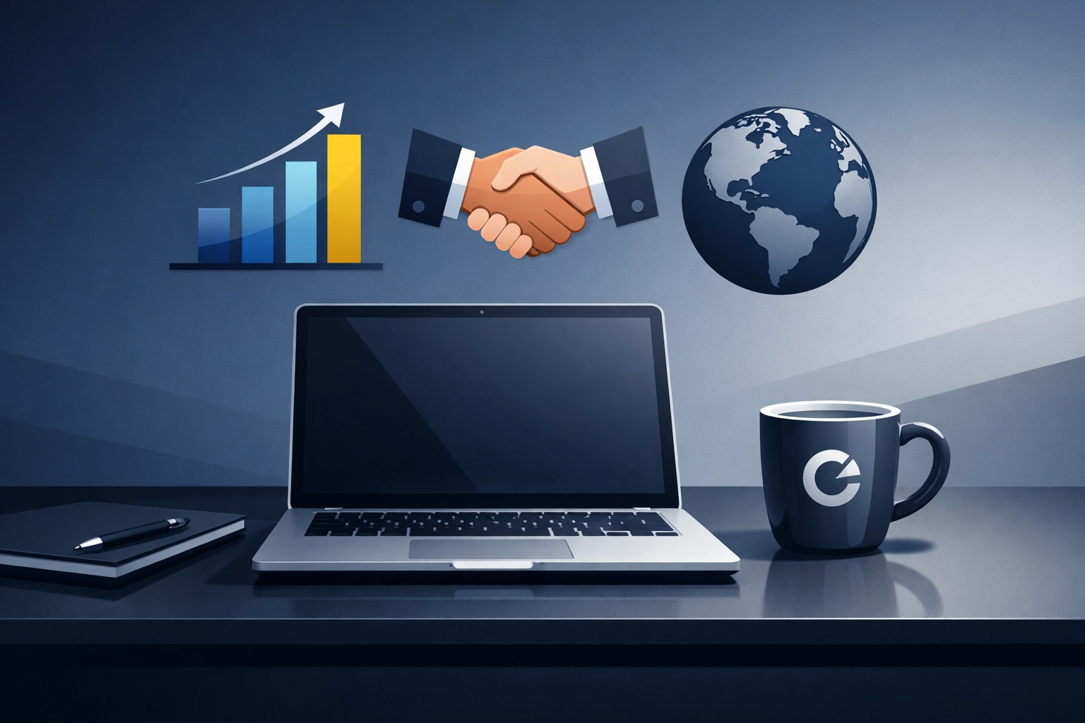 Modern executive desk with global icons representing virtual concierge tax services.