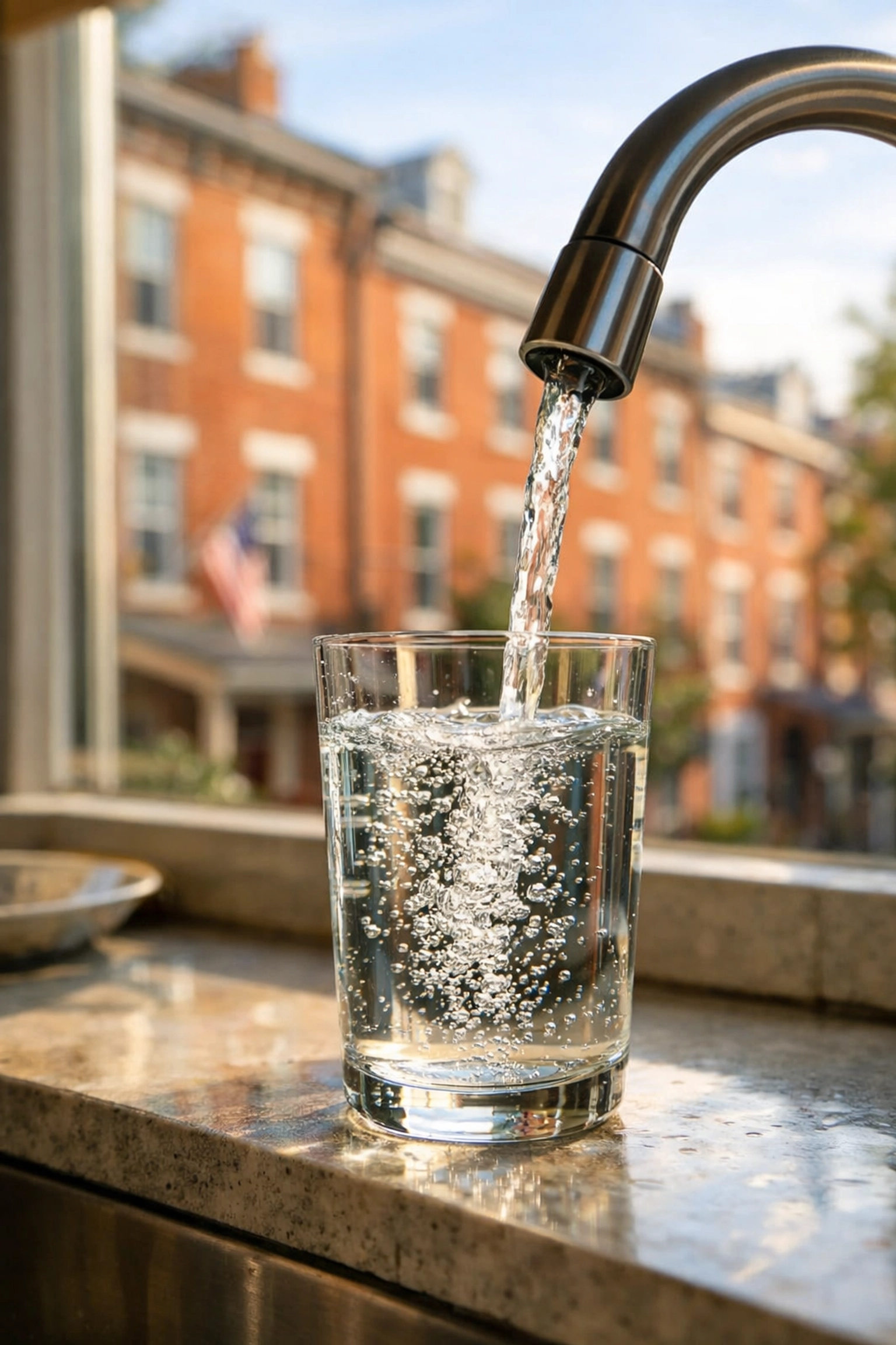 Crystal-clear glass of water filled from a Philadelphia kitchen faucet with iconic city views.