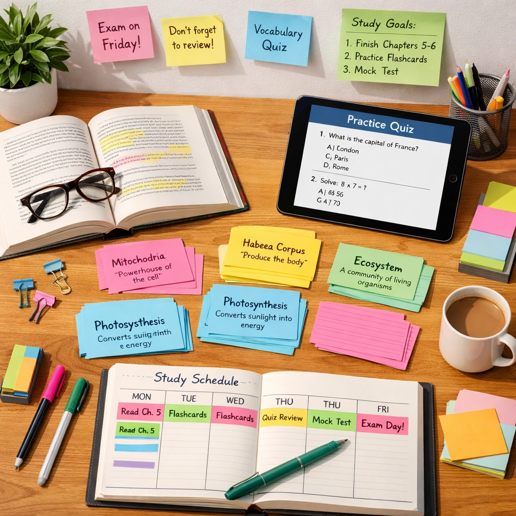 Organized DSST test prep materials including flashcards, textbooks, and study planner on desk