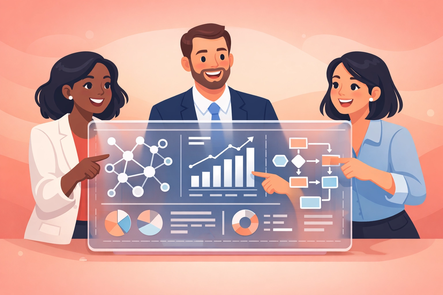 Team collaborating with unified business platform dashboard showing integrated workflows