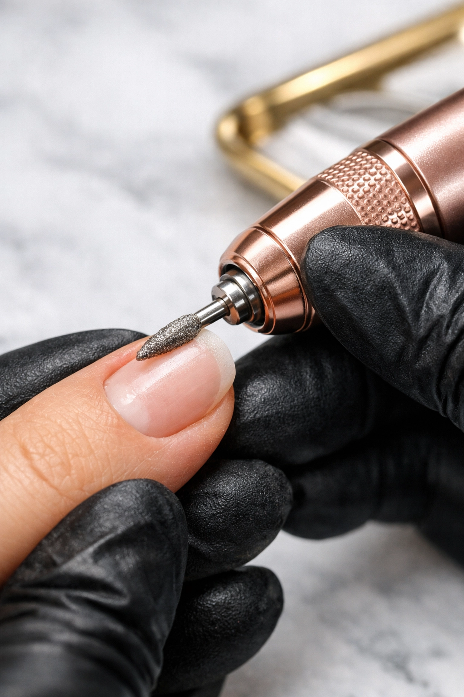 Professional Russian manicure precision using an e-file at a nail salon in Norwood MA.