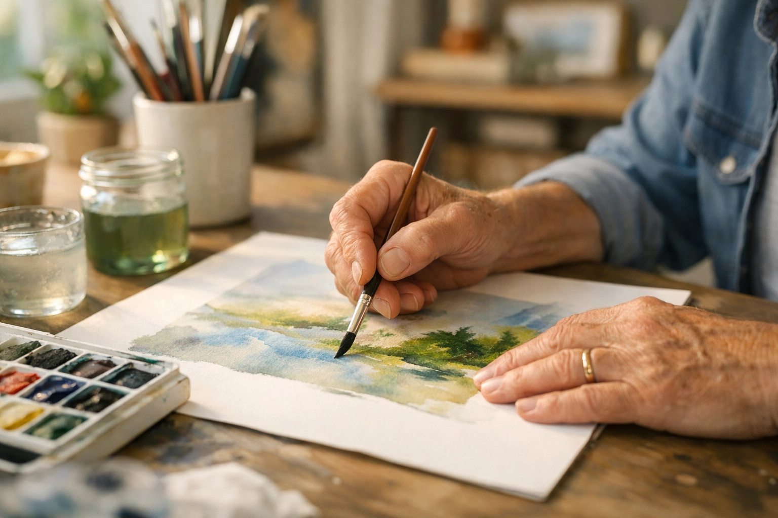 Close-up of older adult hands painting with watercolors—creative expression supporting emotional well-being.