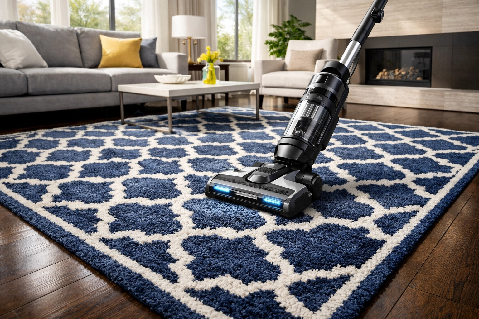 Vacuuming a navy patterned area rug on dark hardwood floors to maintain rug fiber health.