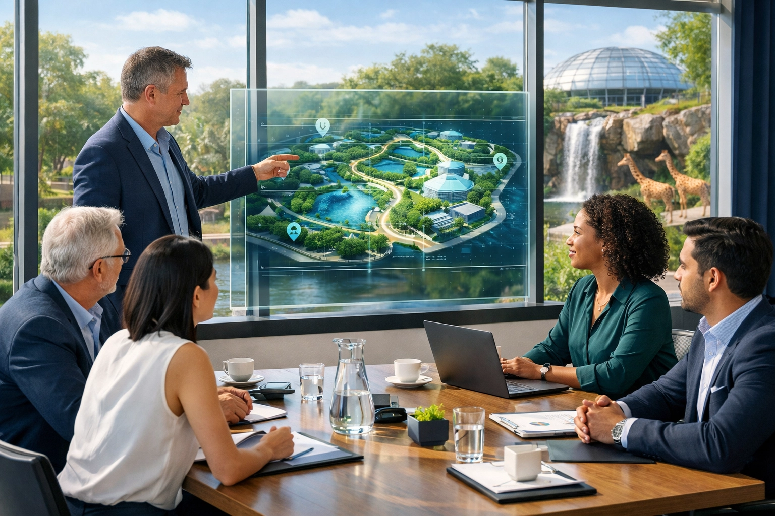 Zoo leadership team using interactive digital displays to plan smart venue and visual communication strategies.