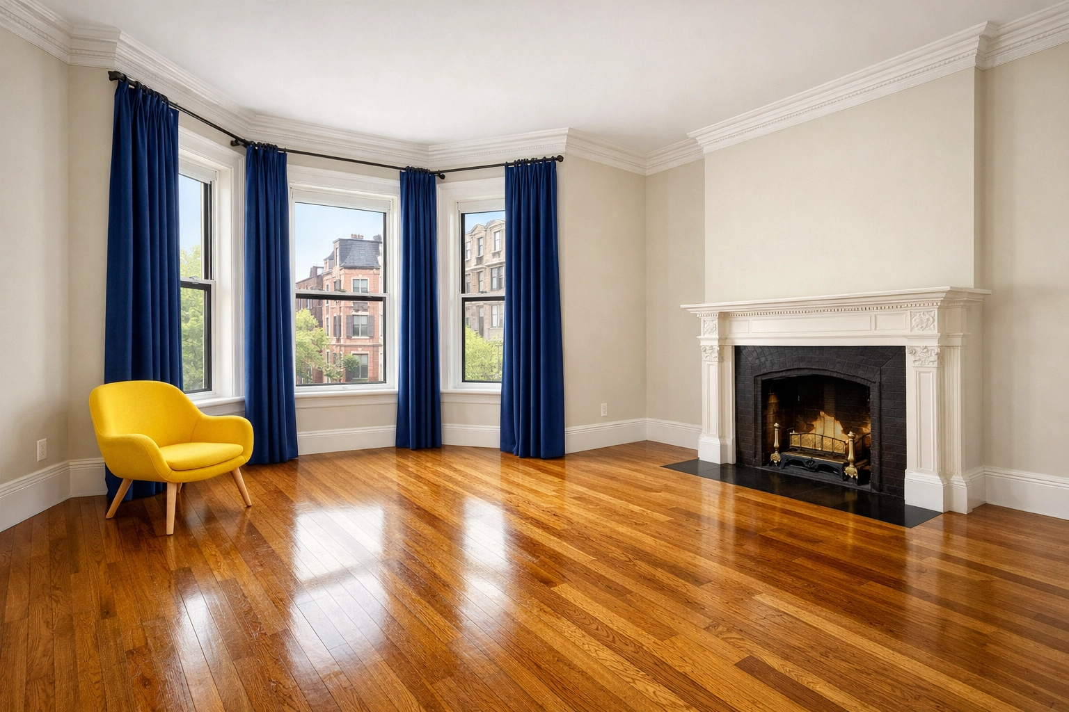 Spotless empty Boston brownstone living room after a professional move-out cleaning service.
