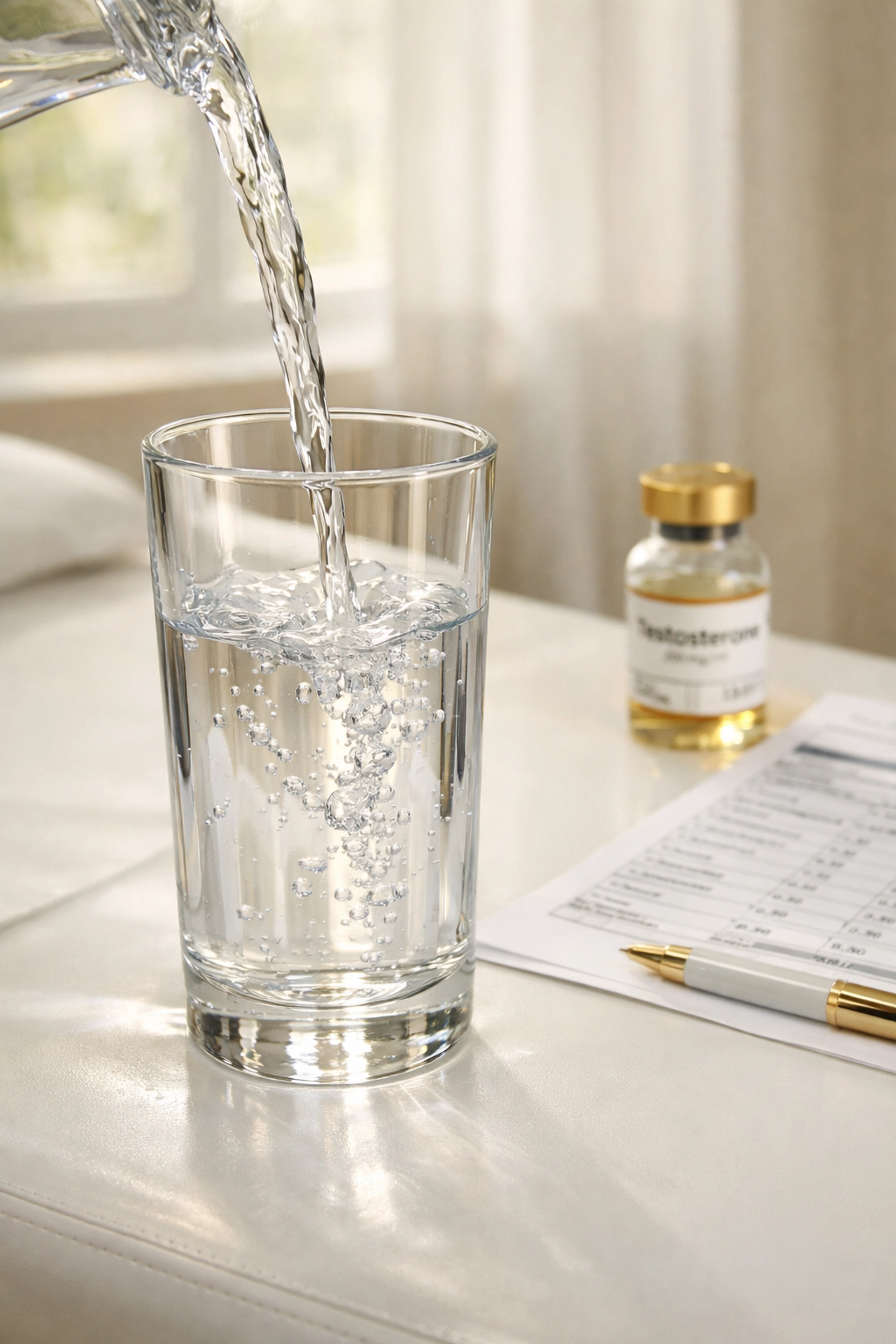 Water glass and testosterone lab results on medical table for TRT monitoring