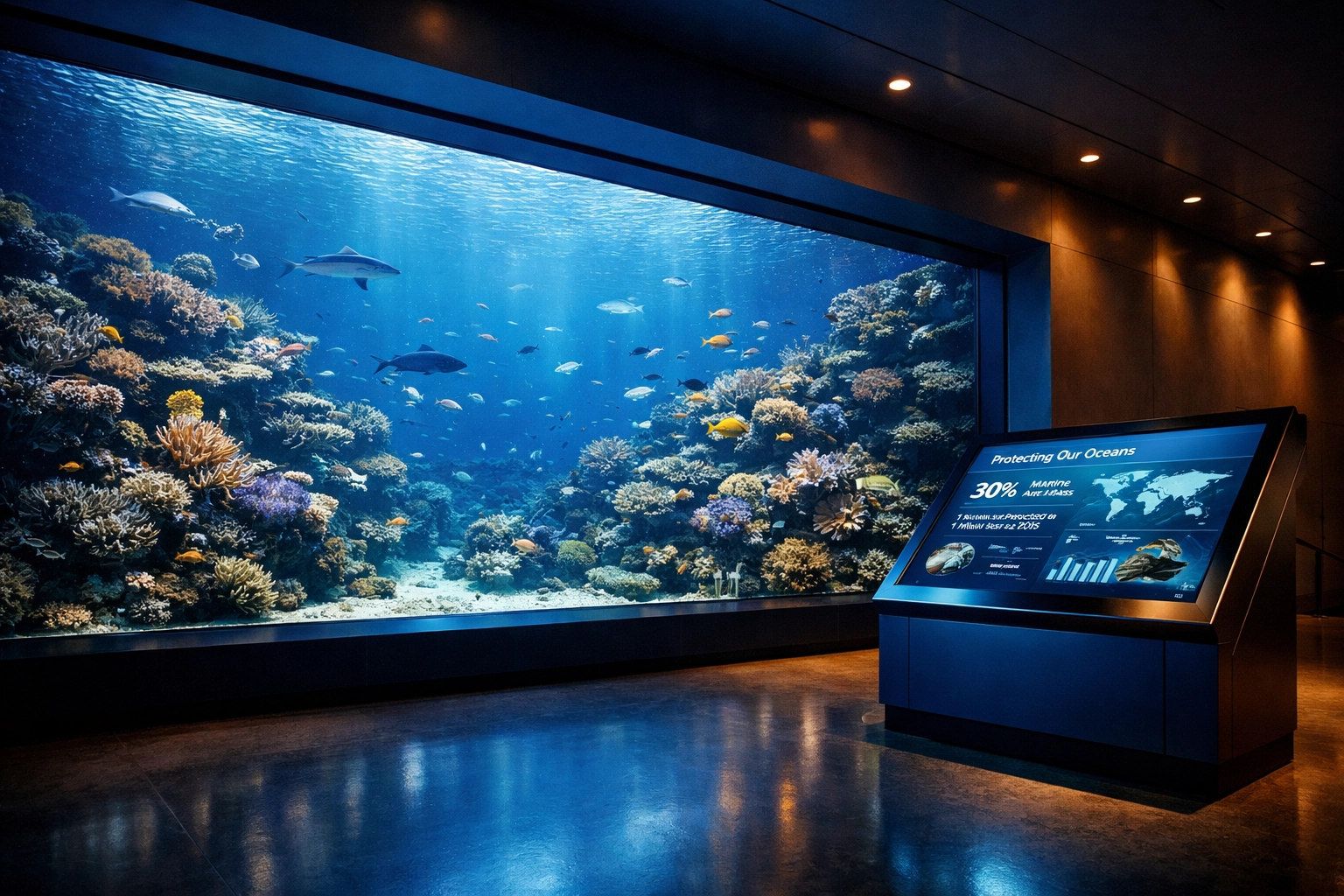 Modern aquarium gallery showcasing digital media integration for conservation and ESG consulting.