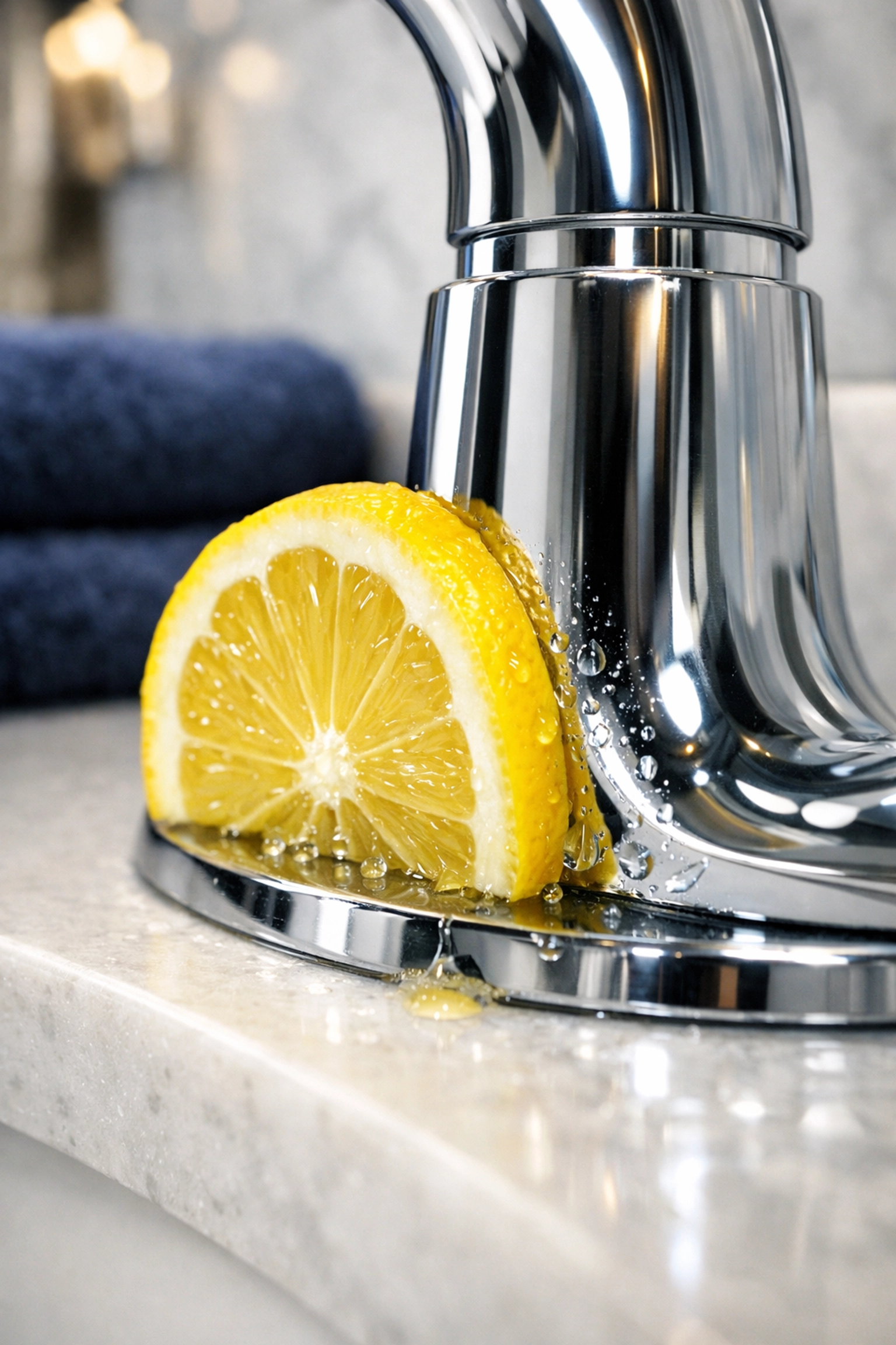 Using a lemon slice to naturally remove hard water buildup during bi weekly house cleaning.