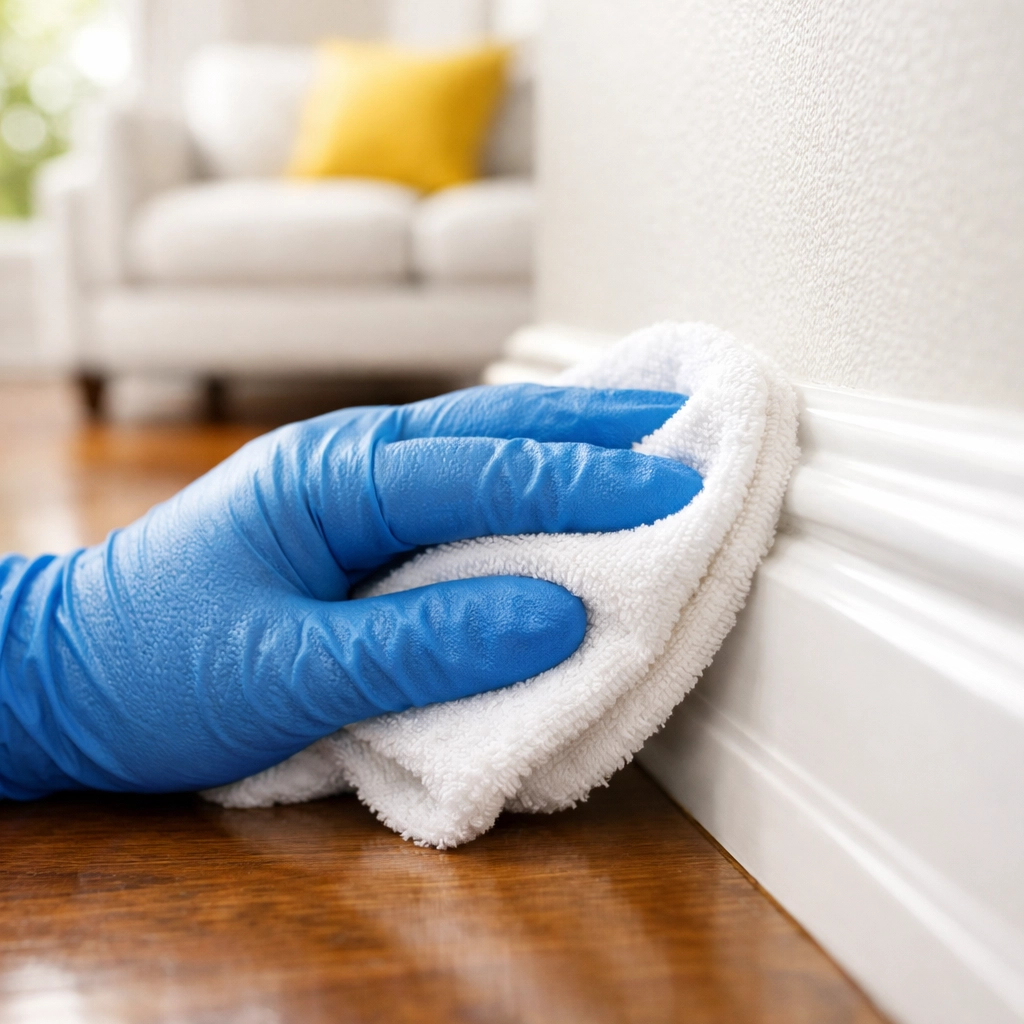 Professional deep cleaning Westford technician scrubbing white baseboards in a bright luxury home.