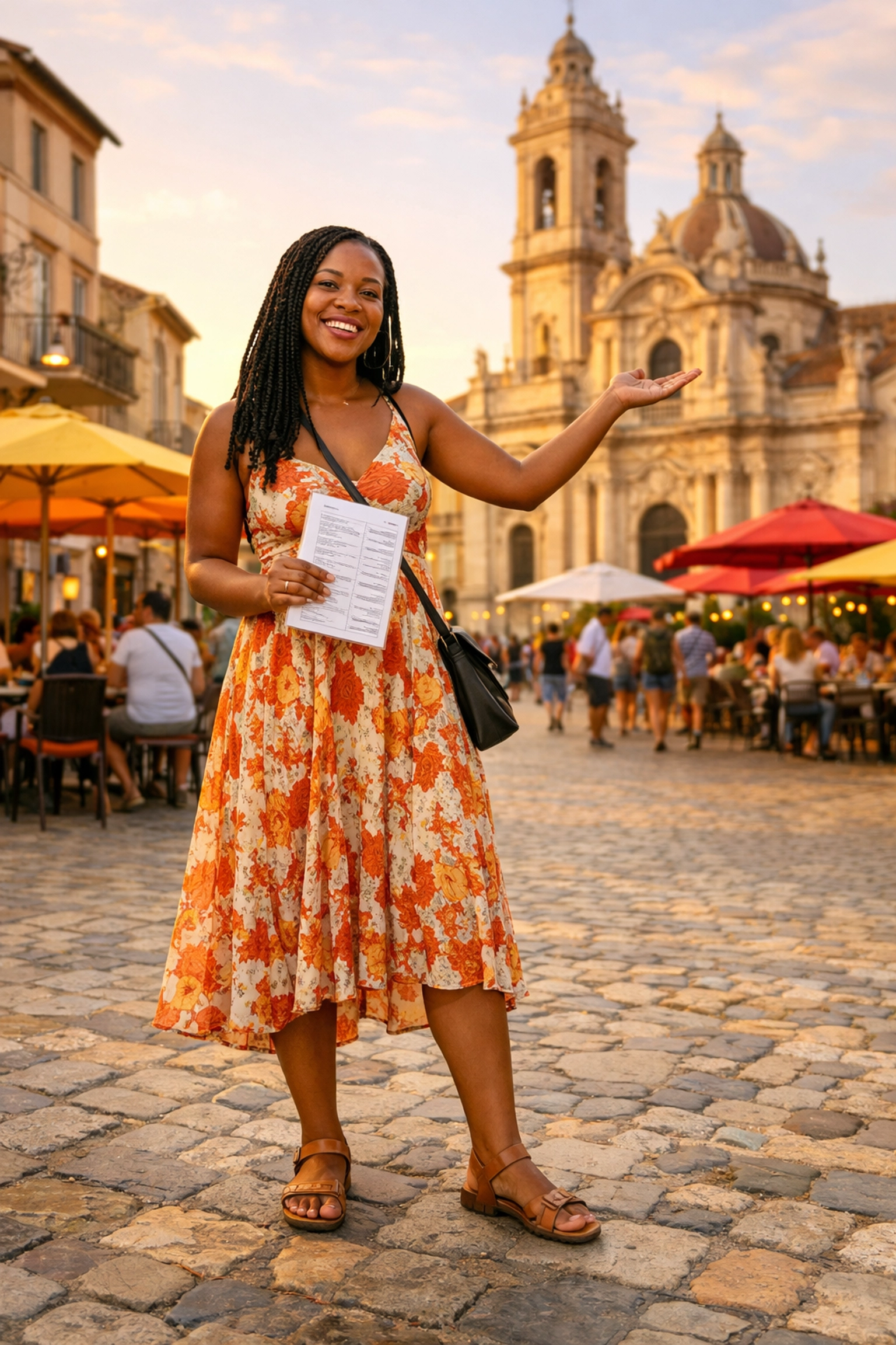 Woman traveler exploring European plaza with printed custom travel itinerary in hand