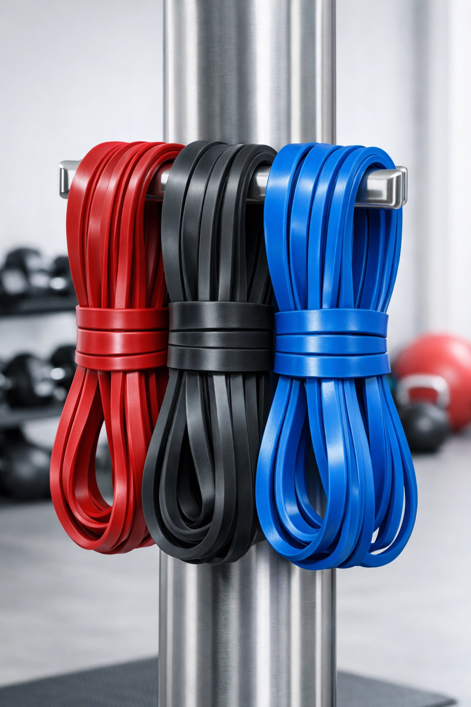Heavy-duty resistance training bands attached to a versatile home gym mounting system.
