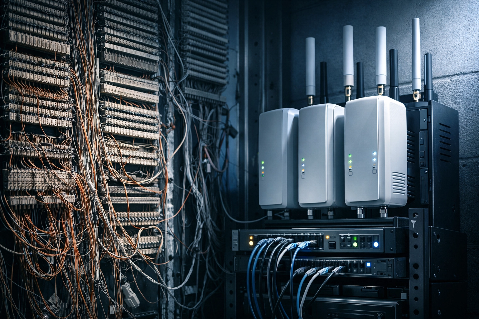 Modern telecom equipment room showing copper POTS infrastructure being replaced with cellular gateway technology