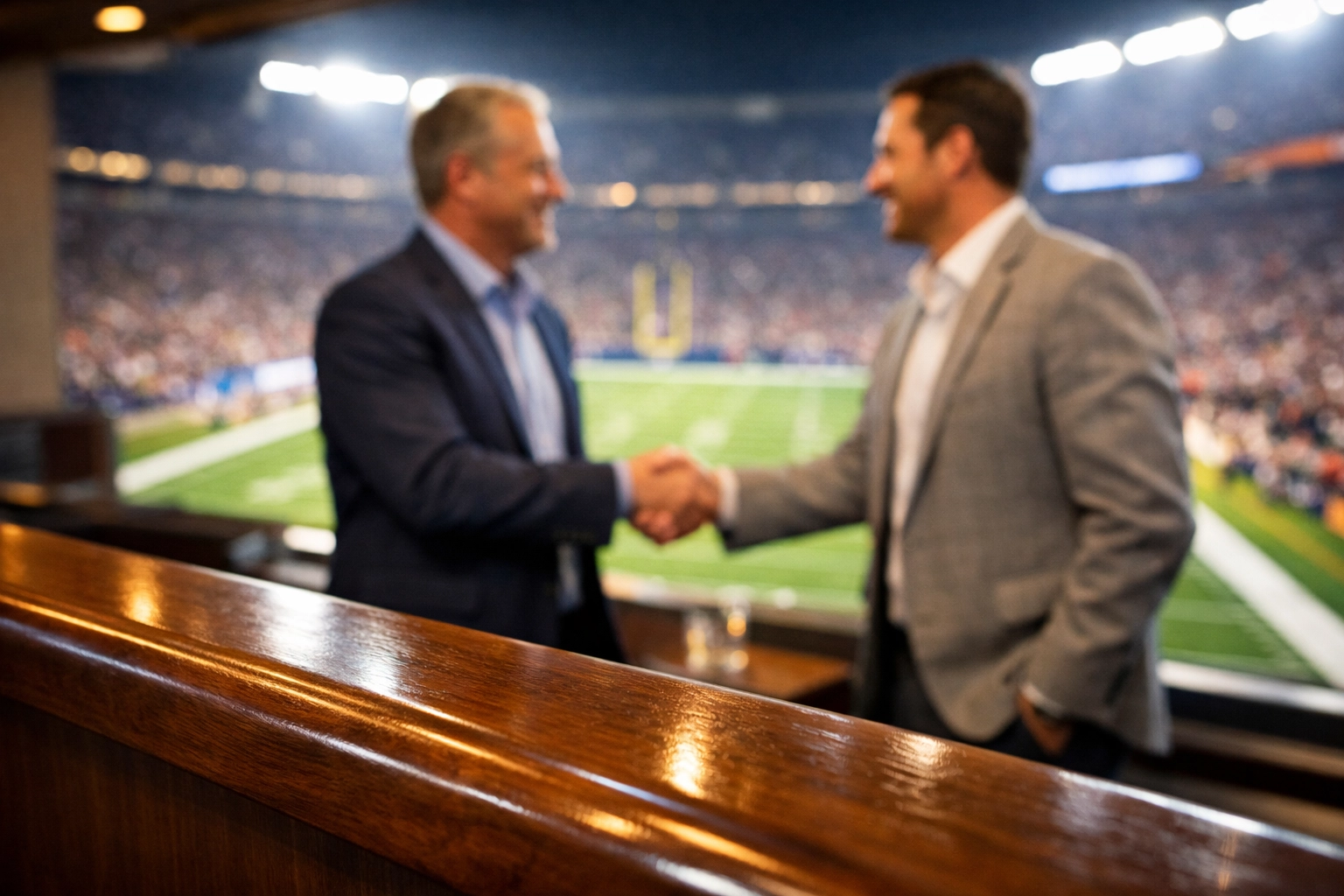 Executives shaking hands in a luxury Super Bowl suite during a successful business partnership deal.