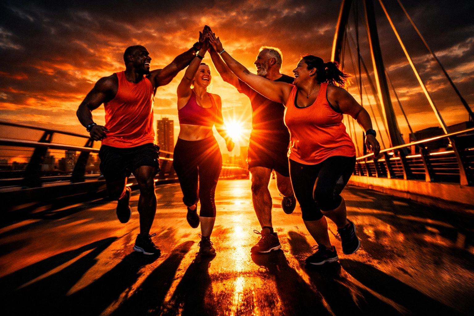A diverse group of runners high-fiving after a sunset run on a city bridge, energetic orange-and-black color vibe, contemporary street lights, mid-motion blur, real joy on their faces.