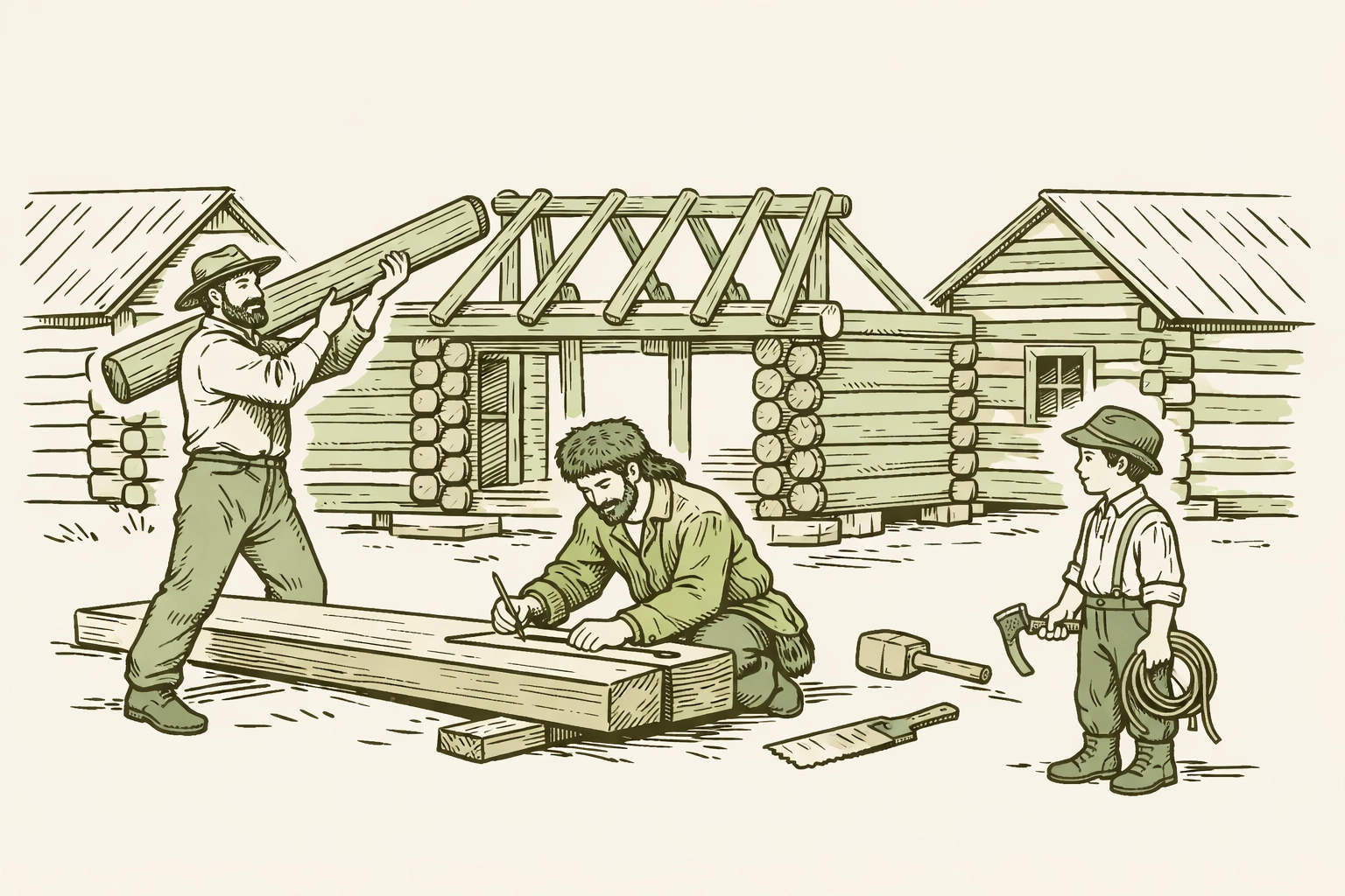 Two frontiersmen building double-pen cabin addition with young son in 1880s Wyoming