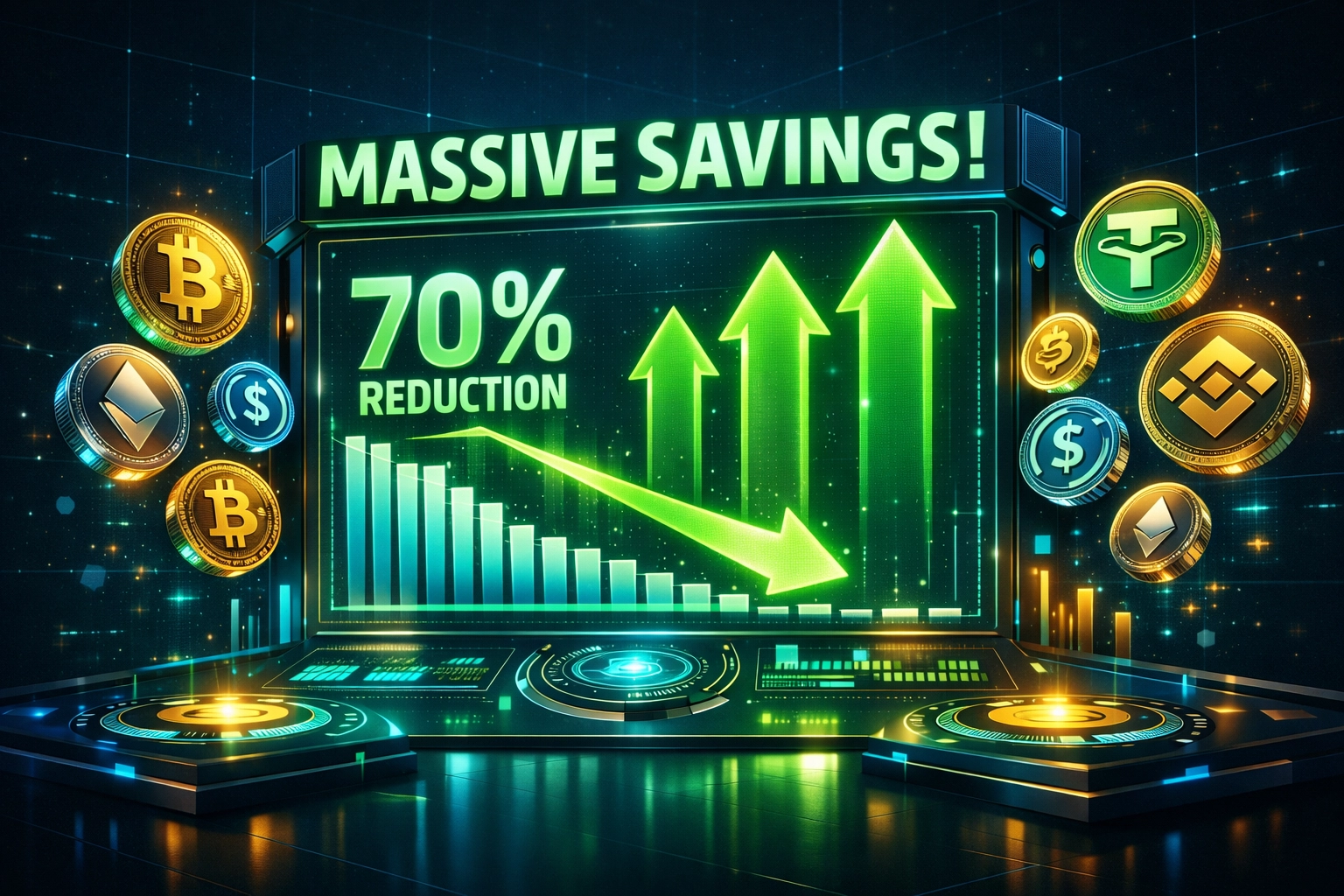 Dashboard showing merchant interchange fee savings with crypto POS system reducing payment costs by 70%