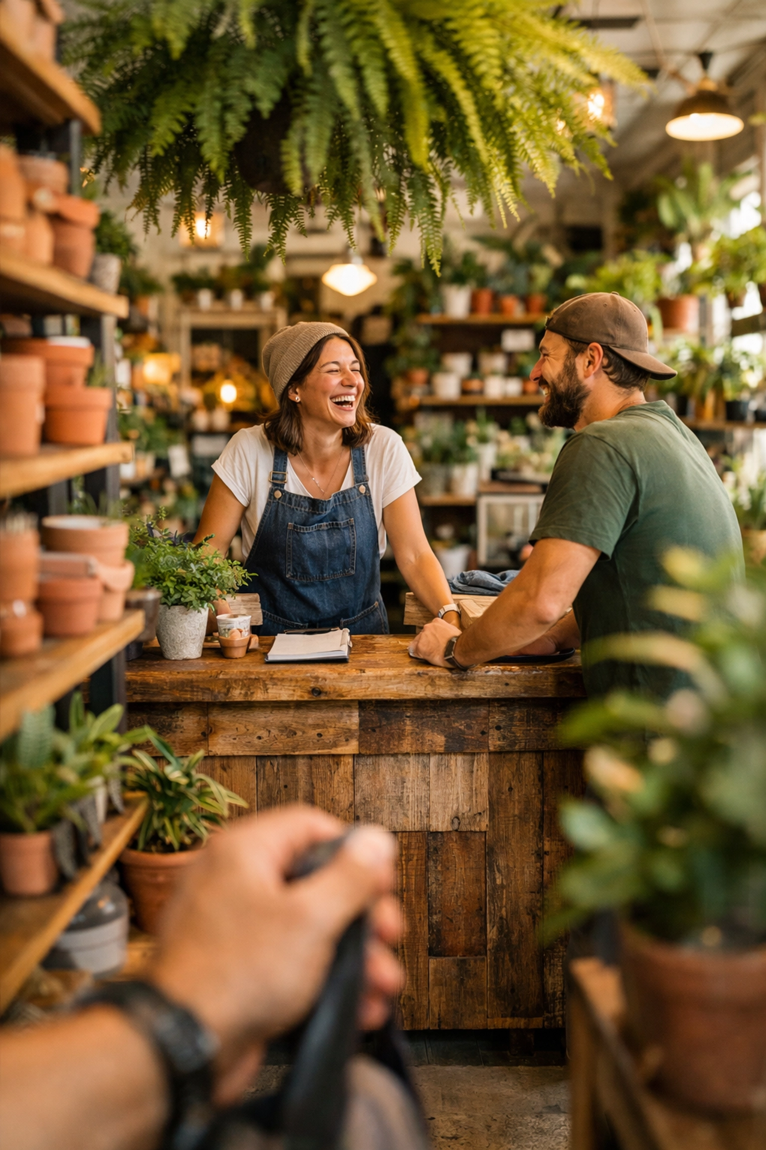 Real-world customer interaction at a local plant shop showcasing authentic business reputation.