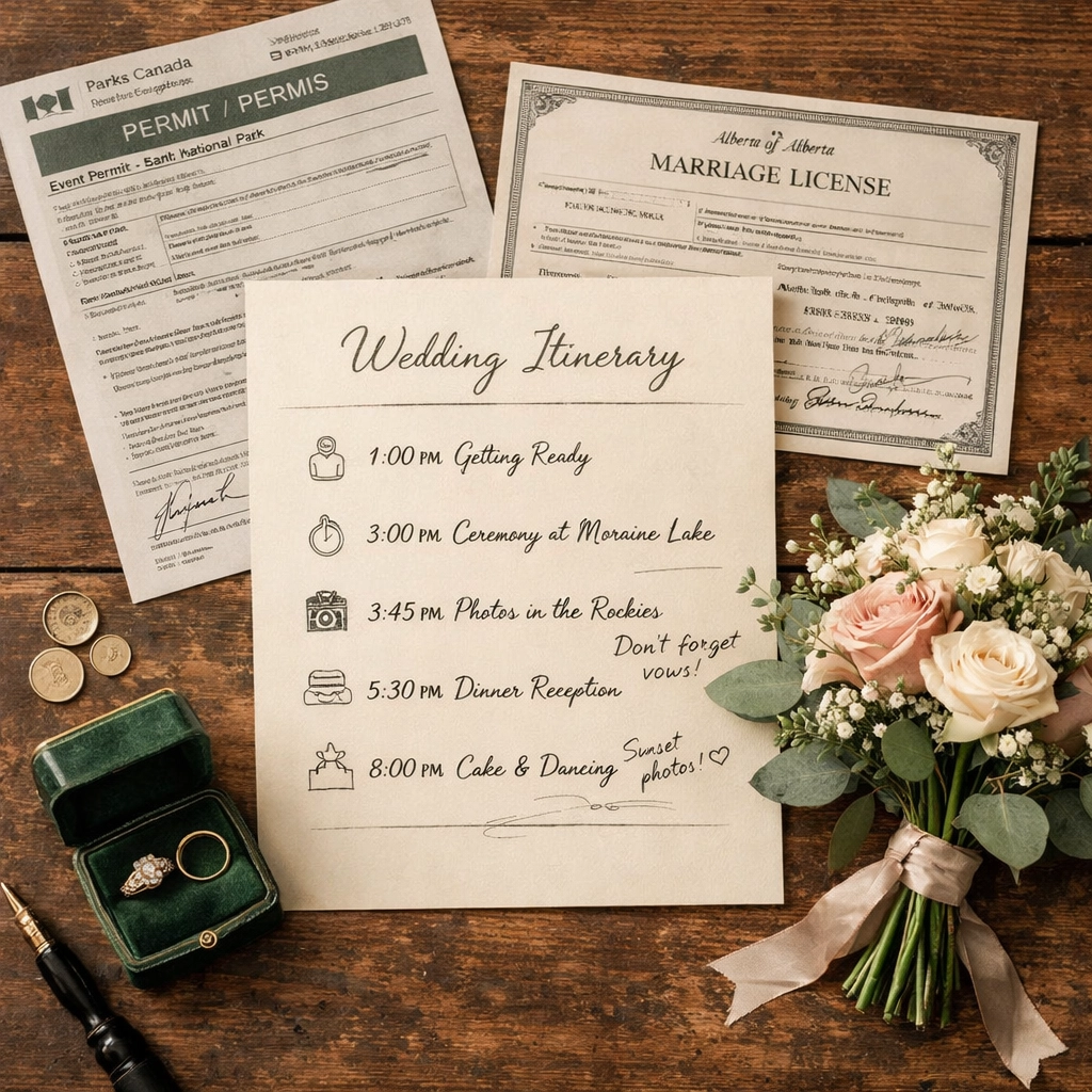 Banff wedding planning documents including Parks Canada permit and marriage license
