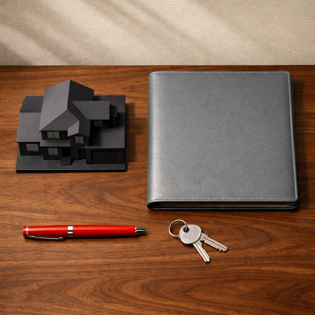 Minimalist real estate agent workspace with a house model and keys for strategic investor-agent wealth planning.