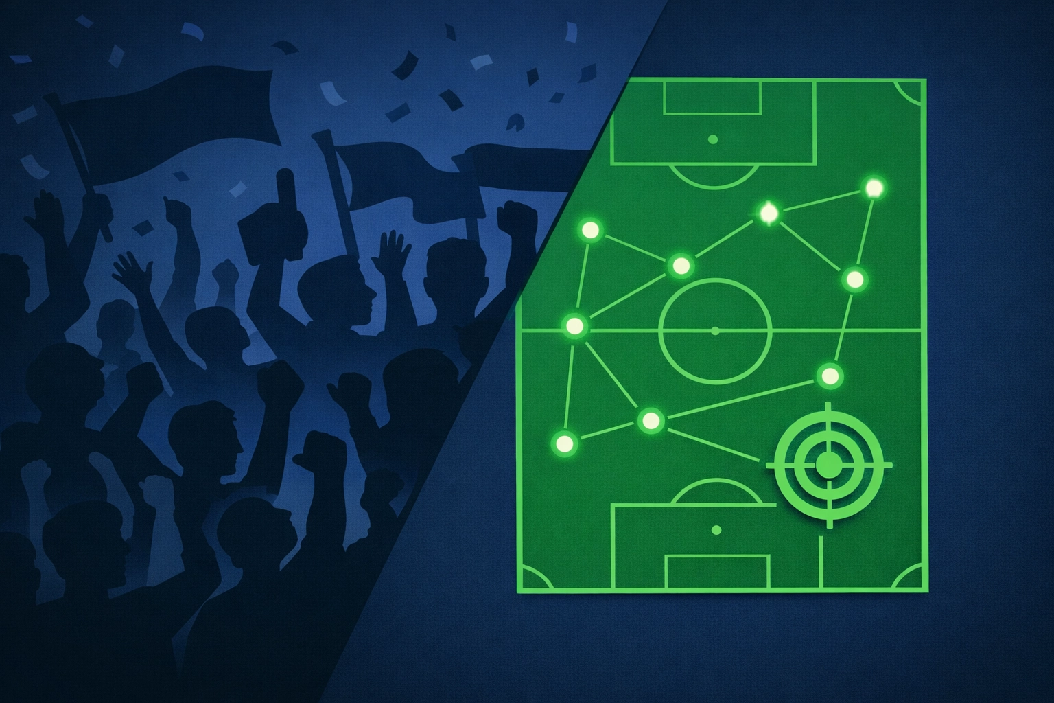 Visual of data-driven football betting analysis versus emotional fan bias and intuition.