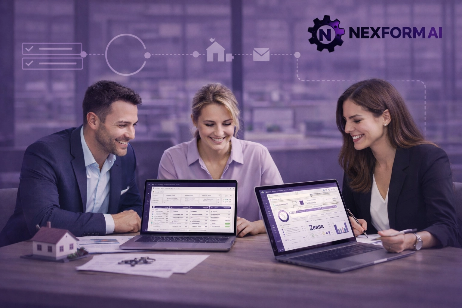 Real estate professionals collaborating on property sales progression using automated AI workflow tools.