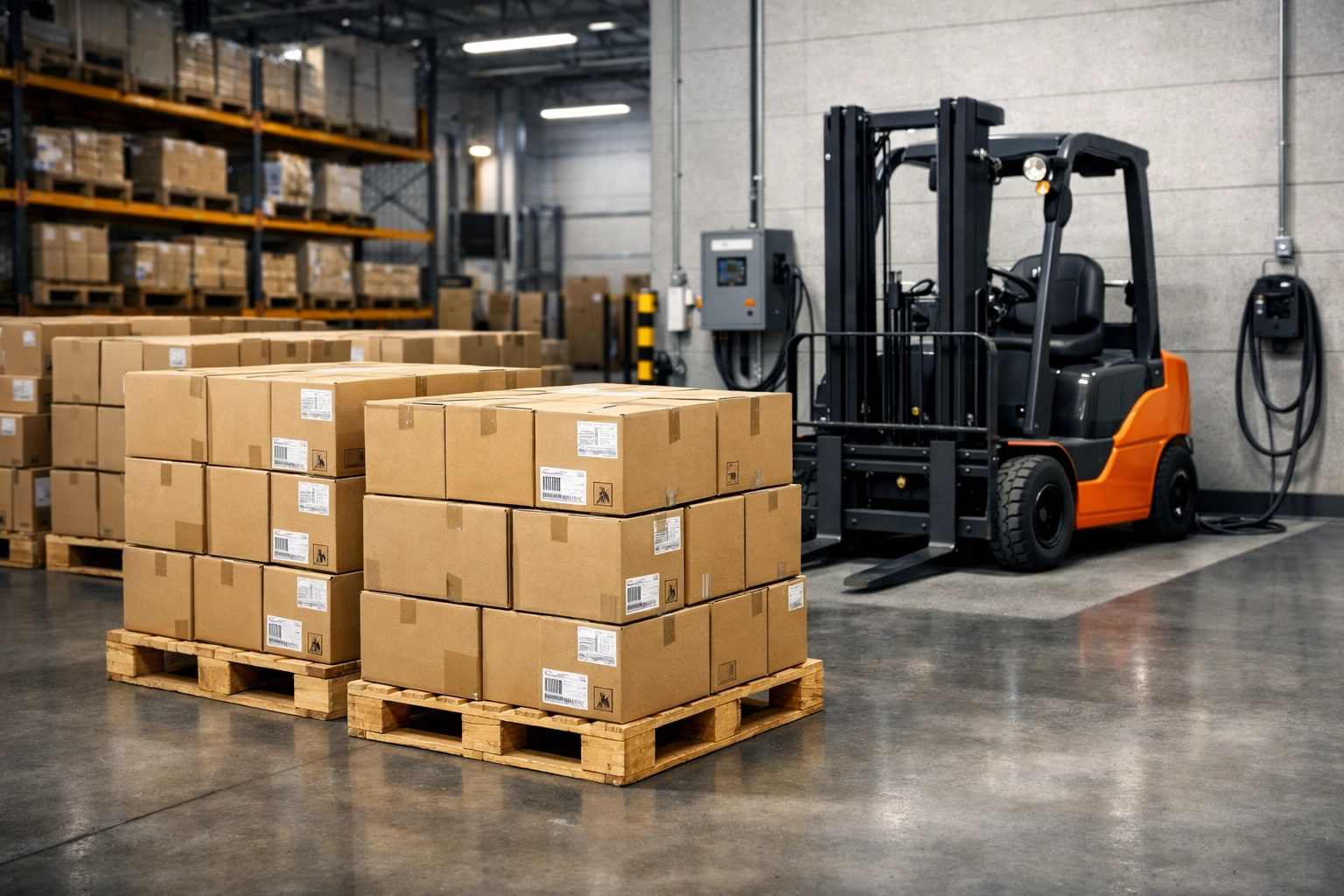 Staging area with pallets in a fulfillment center ready for fast morning pick-pack-ship.