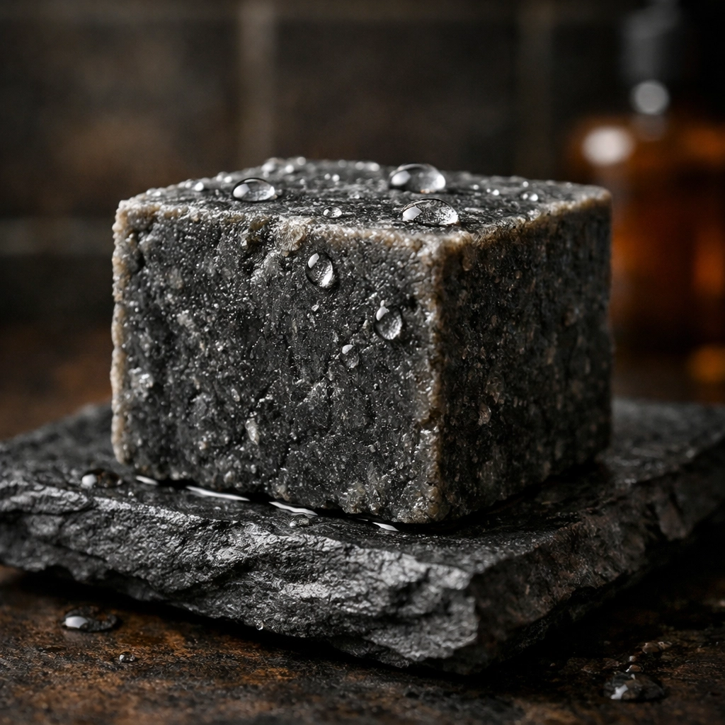 Artisan solid beard wash bar on a slate soap dish, an efficient choice for the best daily beard wash.