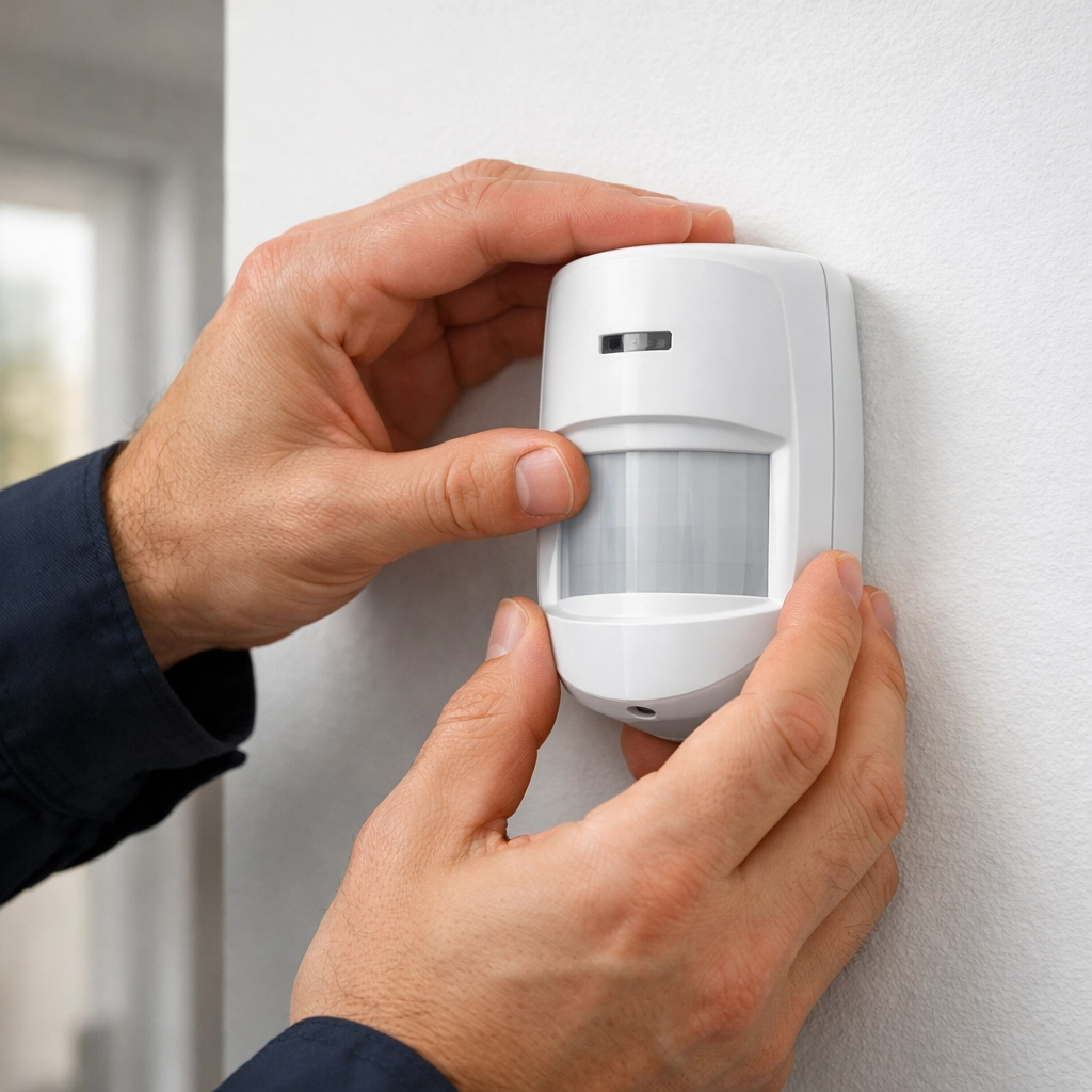 Professional security technician carefully installing a PIR motion sensor as part of a bespoke home alarm system.