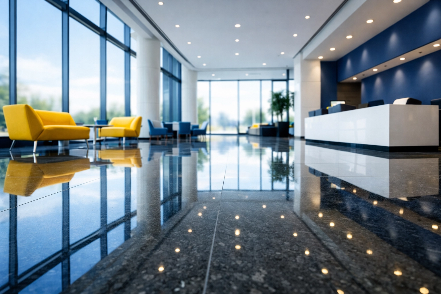 Reflective polished lobby floors and clean windows in a professional Mansfield business building.