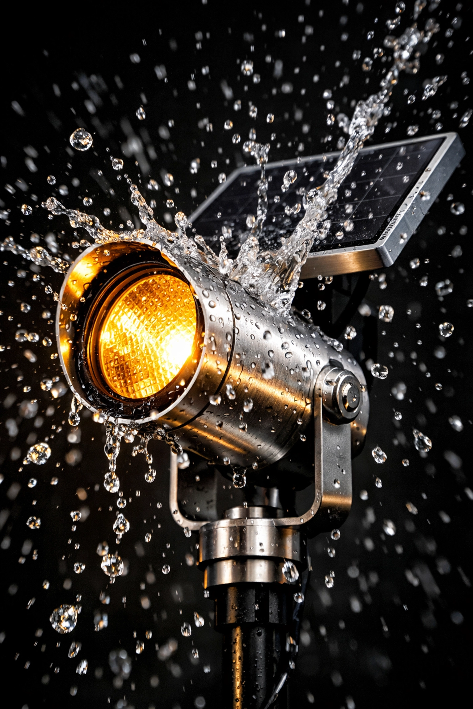 Αδιάβροχα ηλιακά φωτιστικά κήπου από αλουμίνιο με θερμό φως σε κήπο.