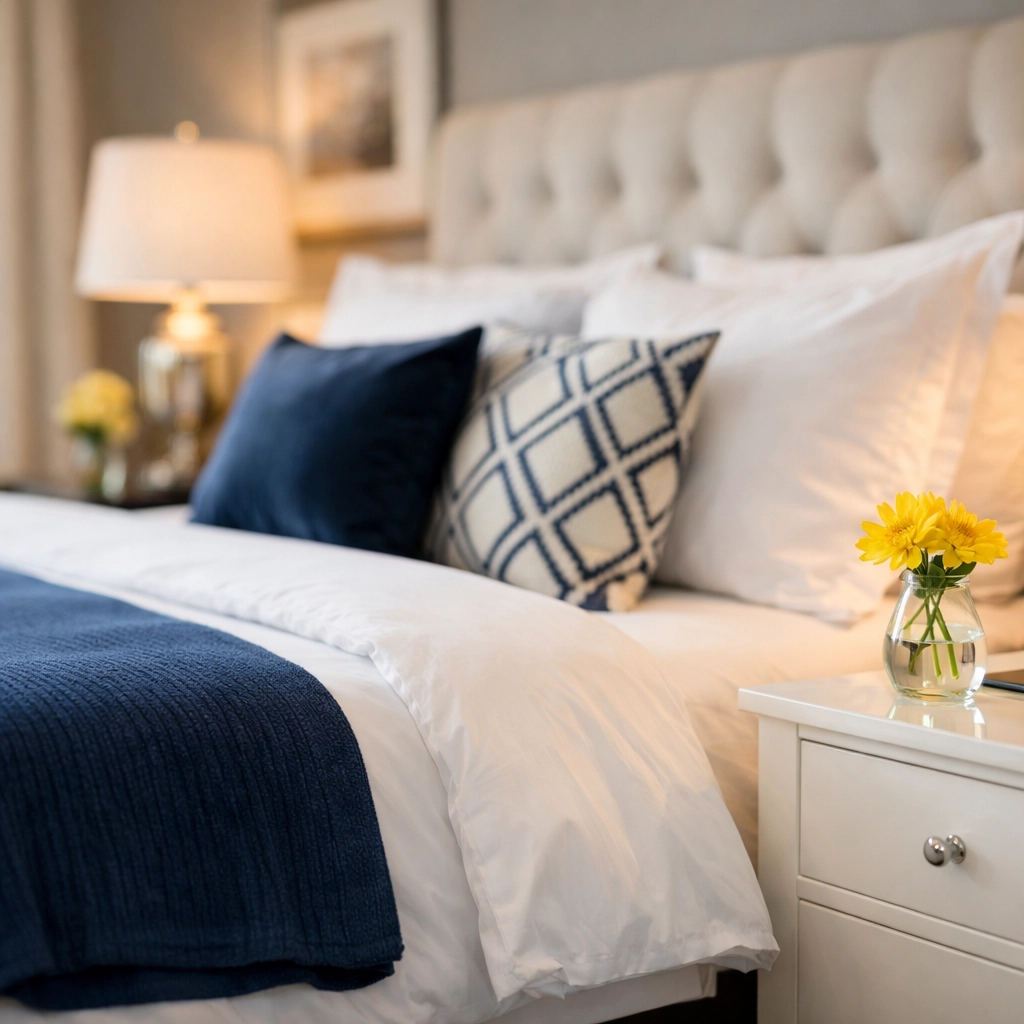 Guest-ready luxury bedroom in Burlington prepared by a reliable house cleaning service Burlington.