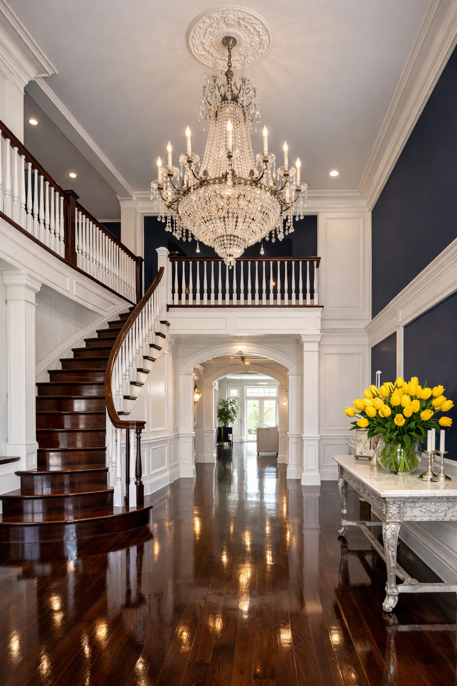 Spotless luxury foyer in a Dover estate, showcasing professional residential cleaning Massachusetts.