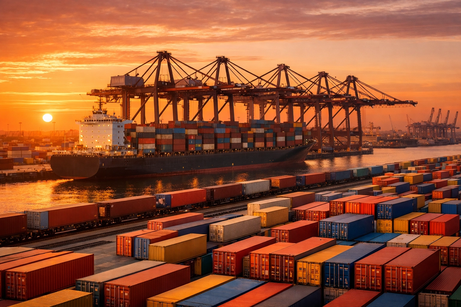 Modern cargo port with container cranes and freight logistics infrastructure for commodity exports