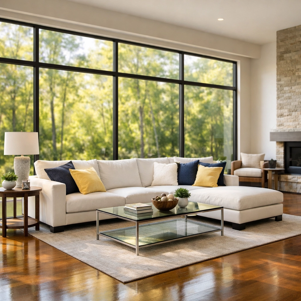 Serene living room in Boxborough showing a clean home after a professional bi-weekly house cleaning service.