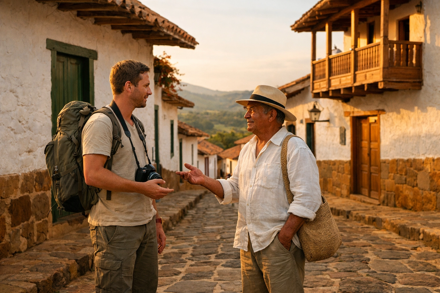 Meeting between a traveler and a local community leader in a rural Colombian heritage town