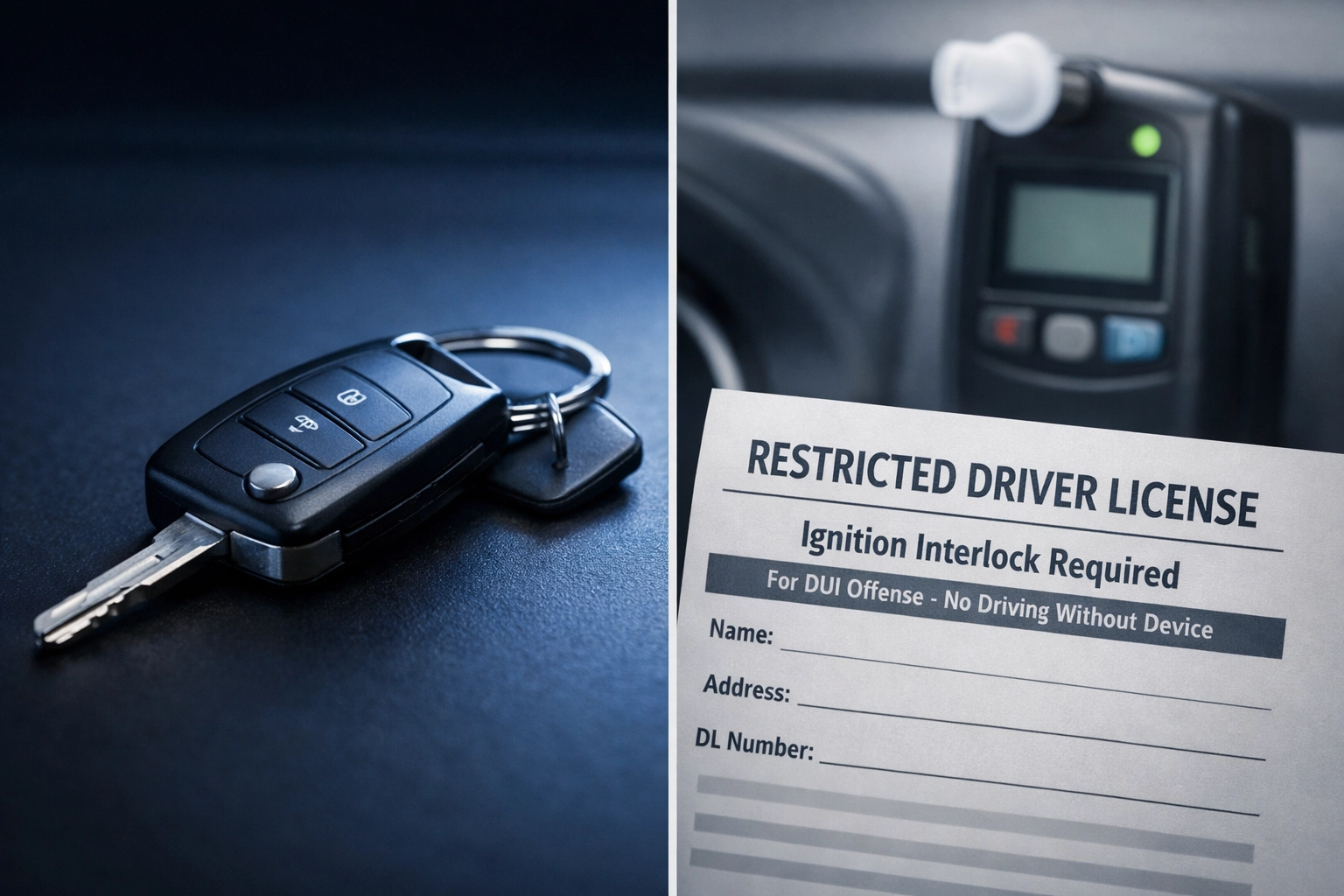 Car keys and driver's license showing DUI penalties and ignition interlock requirements in Virginia