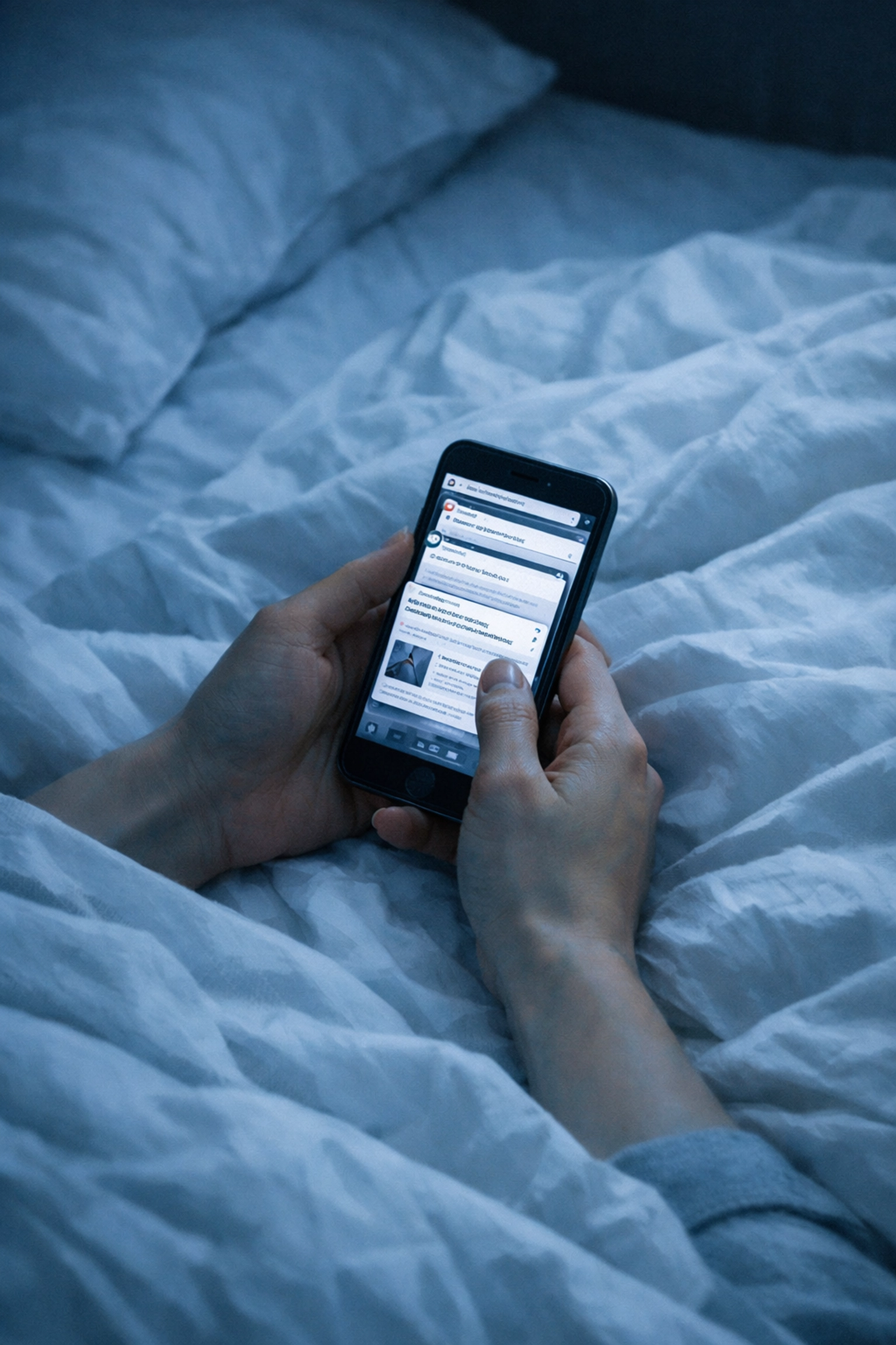 Person holding smartphone at night searching health symptoms representing health anxiety and OCD